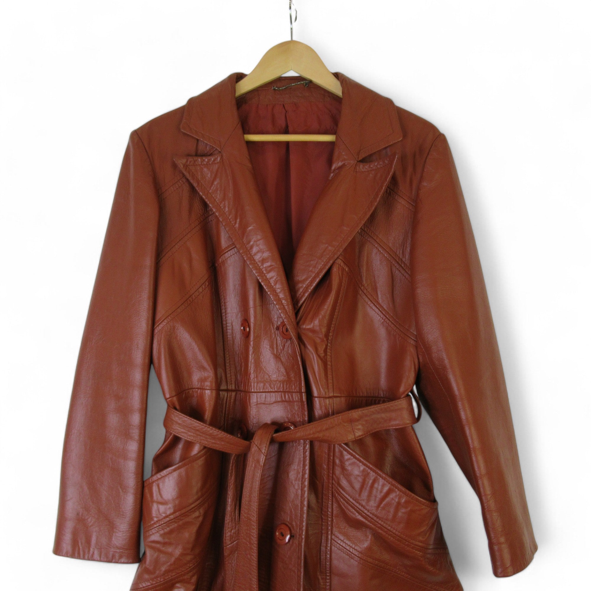 top image for County UK 18 Brown Vintage Leather Trench Coat Womenswear | Preloved 