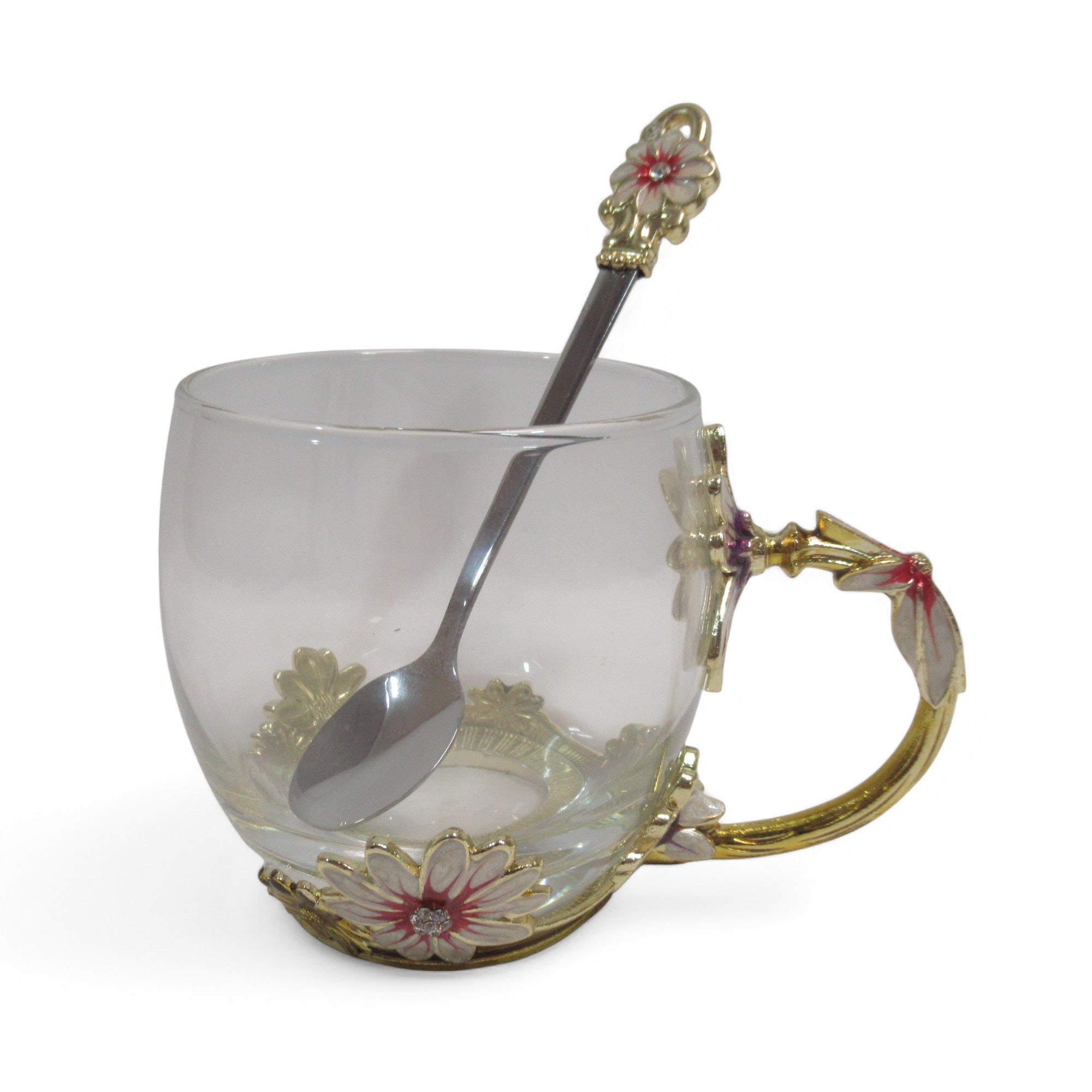 Front image of ARC Enamel Flowers Glass Tea/Coffee Cup w/ Spoon