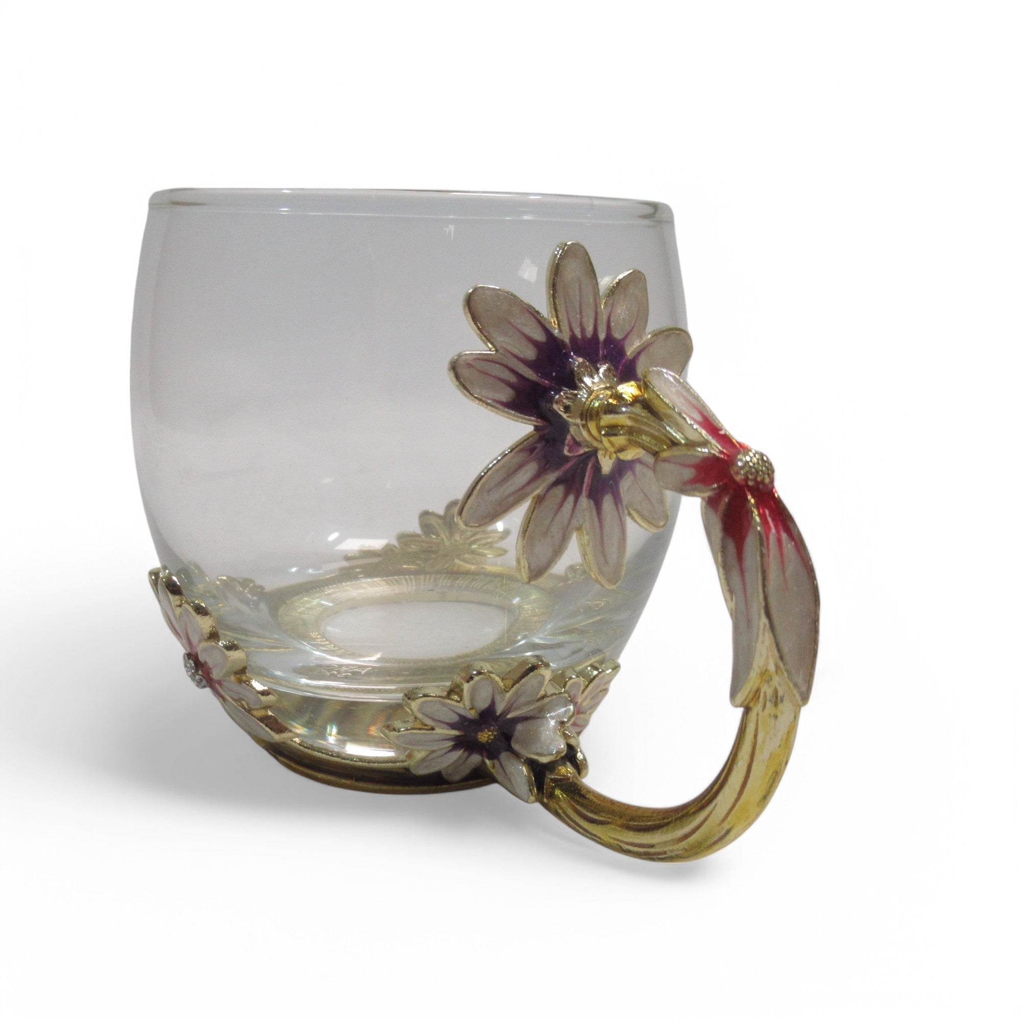 Handle image of ARC Enamel Flowers Glass Tea/Coffee Cup w/ Spoon