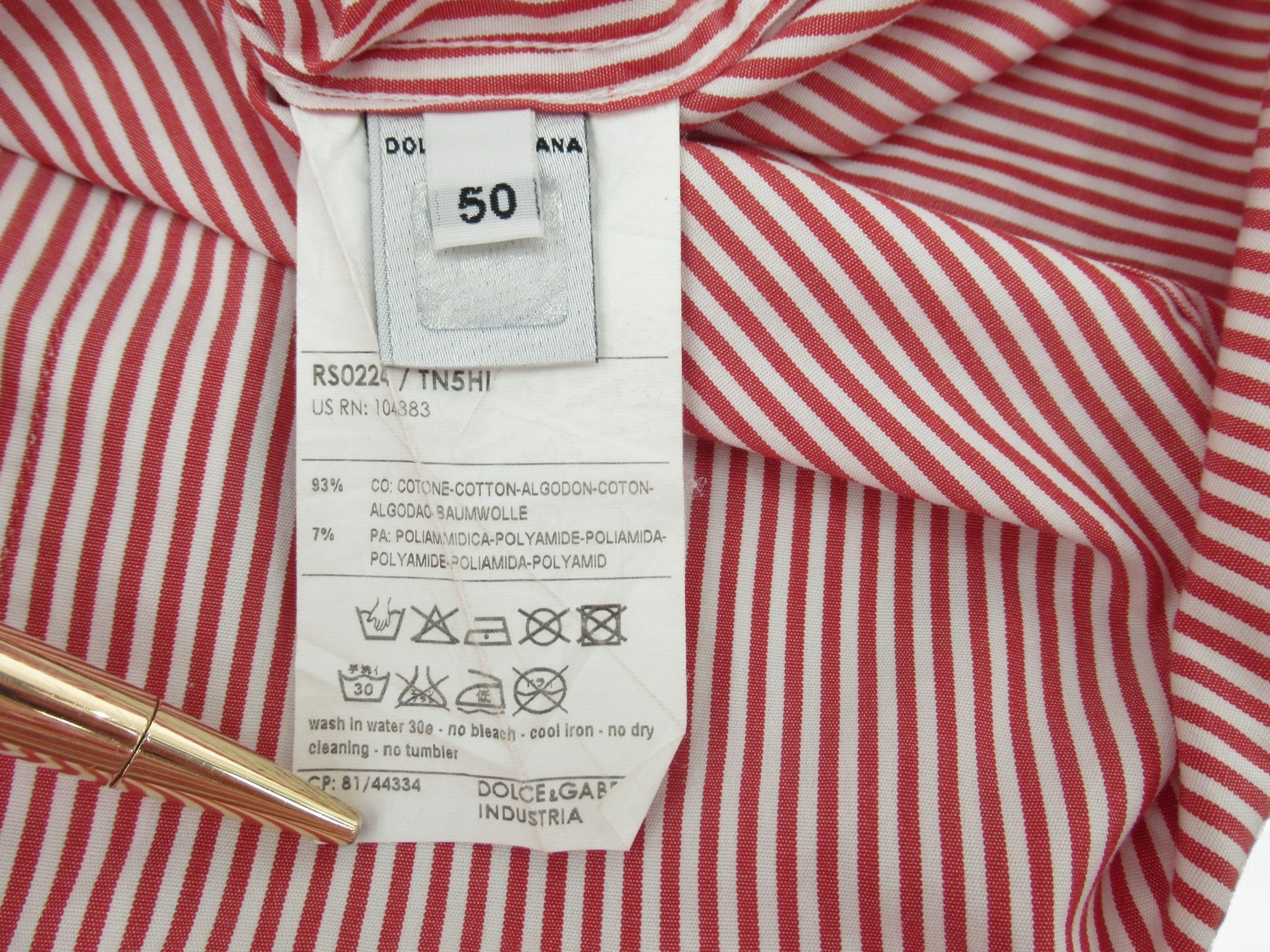 Care label image for Dolce & Gabbana Slim Fit Red White Stripe Shirt Menswear | Preloved