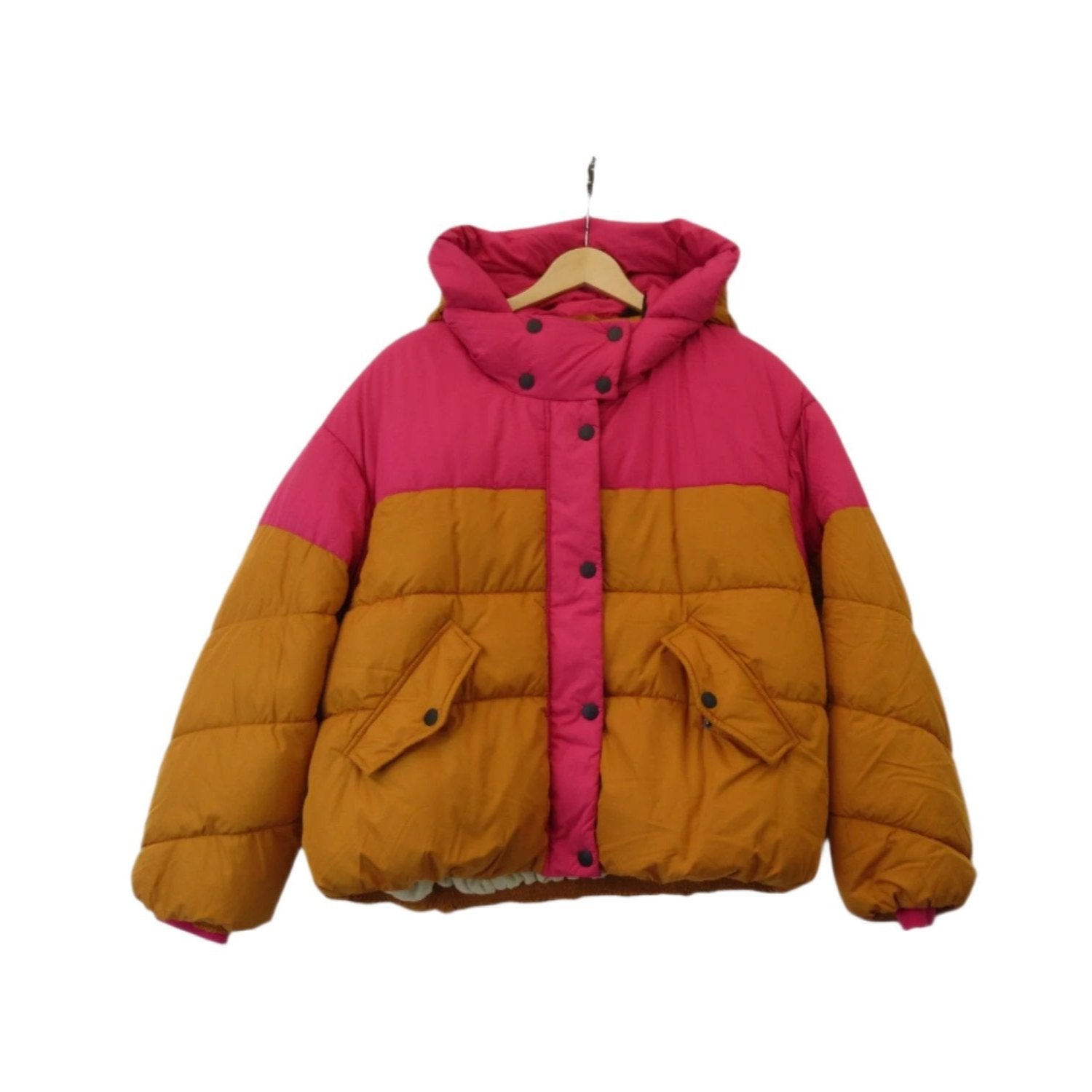 Front image for EDC Medium Pink Yellow Hooded Puffer Coat Womenswear | Preloved 