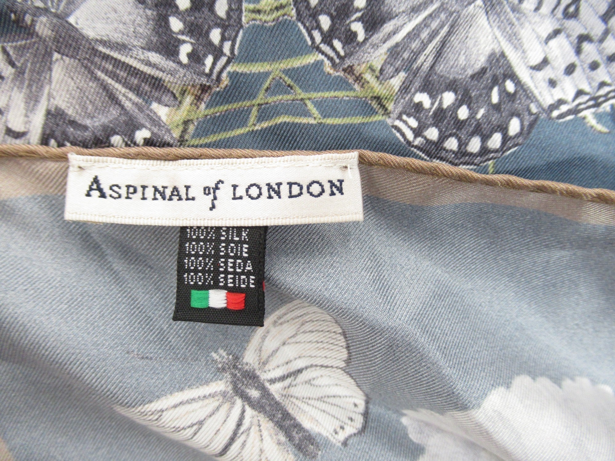 Care label image for Aspinal Of London 35"x35" Multicoloured Butterfly Silk Scarf Womenswear | Preloved 