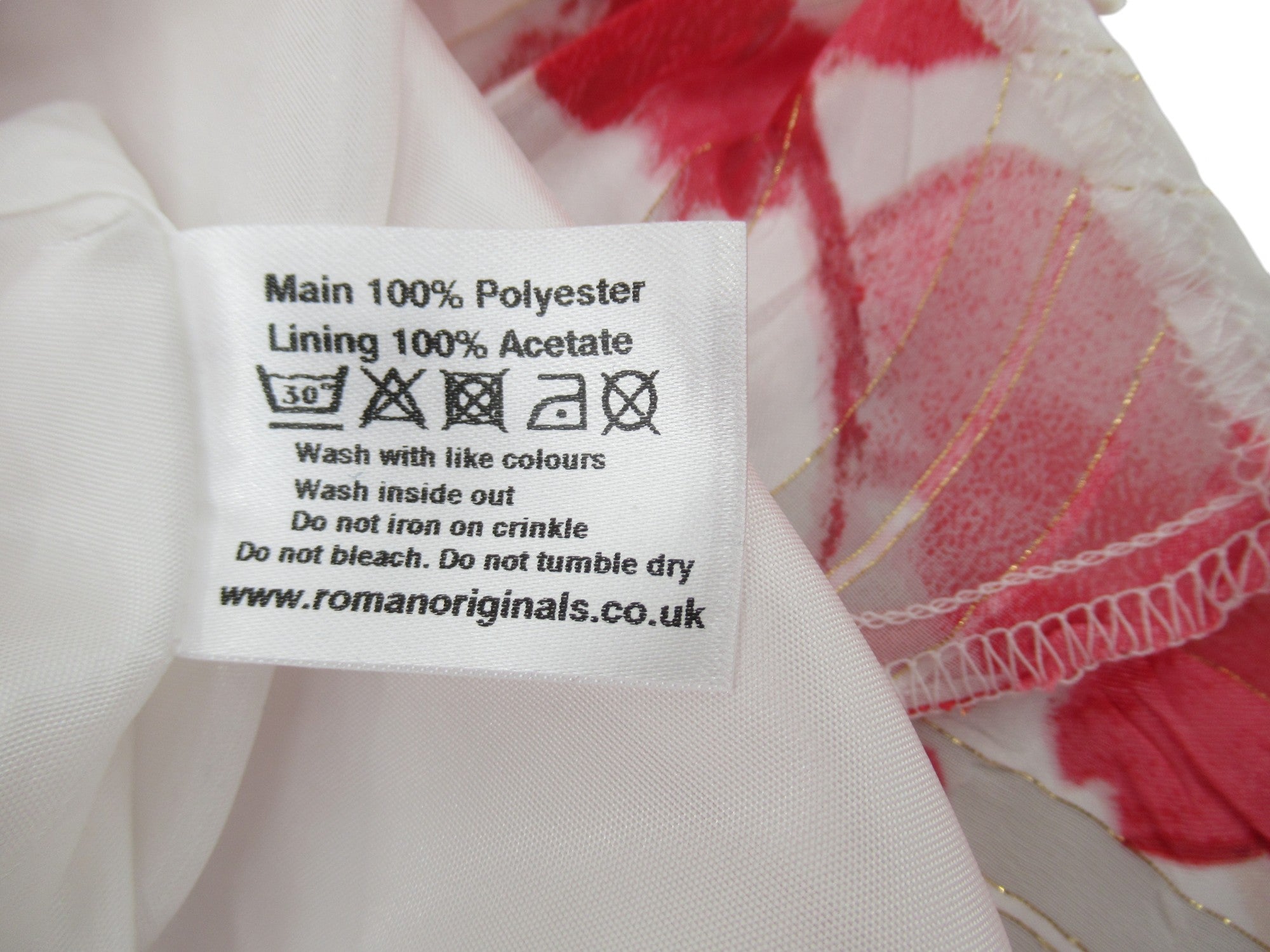 Care label image for Roman UK 10 Red White Dress Polyester Long Sleeveless | Preloved