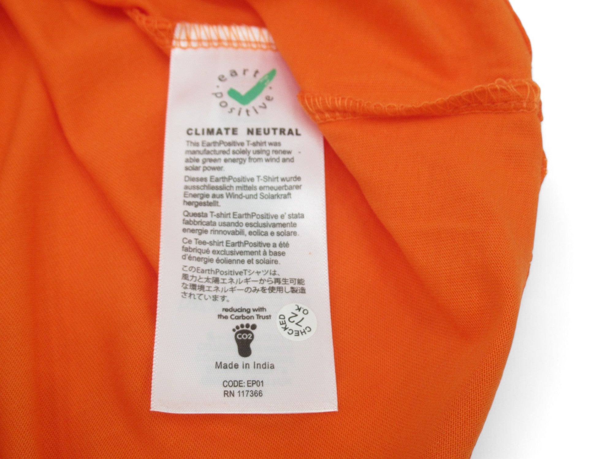 Care label image for Earth Positive Large Orange Organic Cotton T Shirt Menswear | Preloved