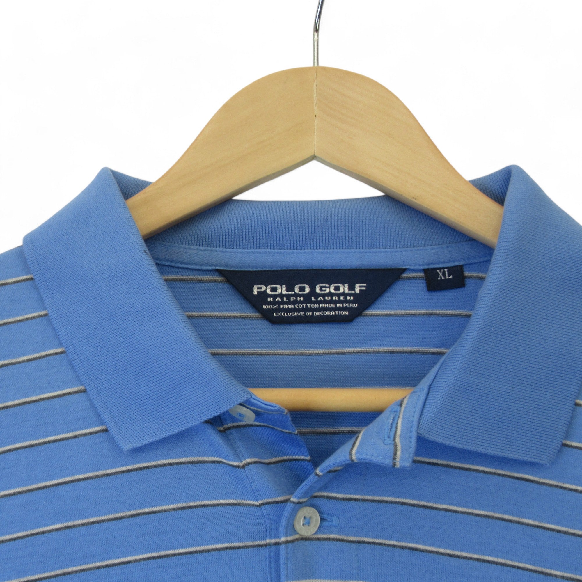 collar image for Polo Golf XL Blue Striped Cotton T Shirt Menswear | Preloved