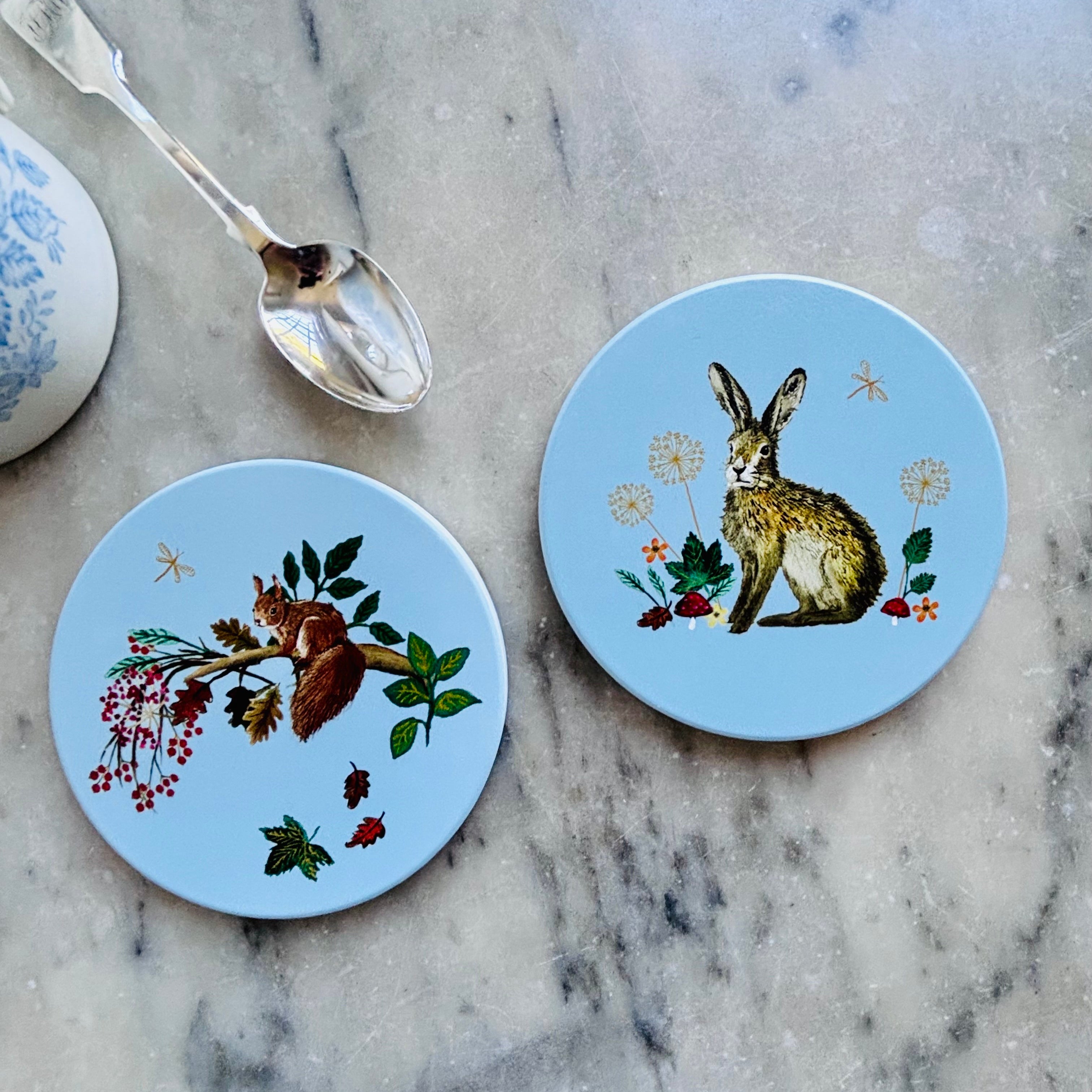 Woodland Hare and Squirrel design set of two ceramic coasters