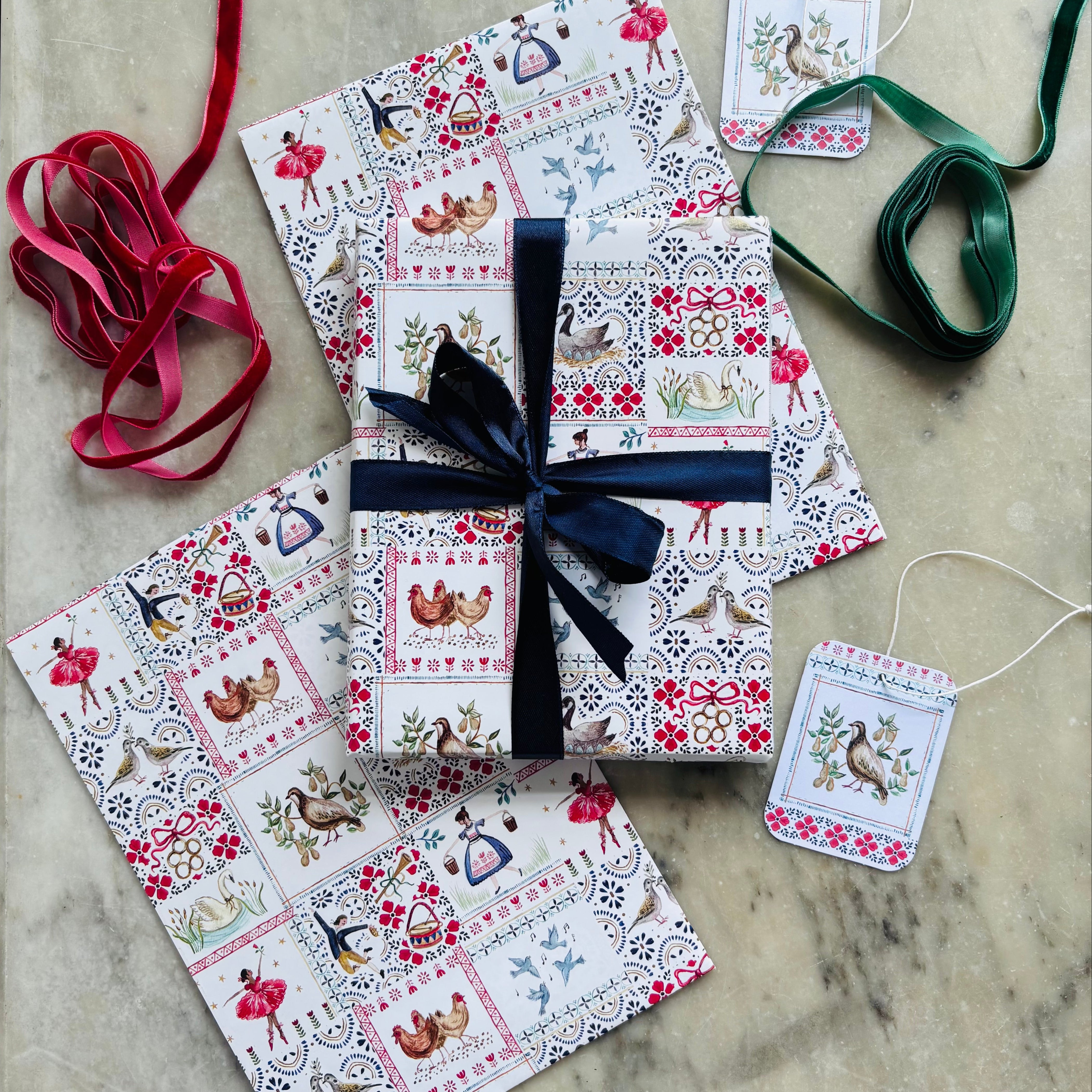 Twelve Days set of gift wrap sheets and tags