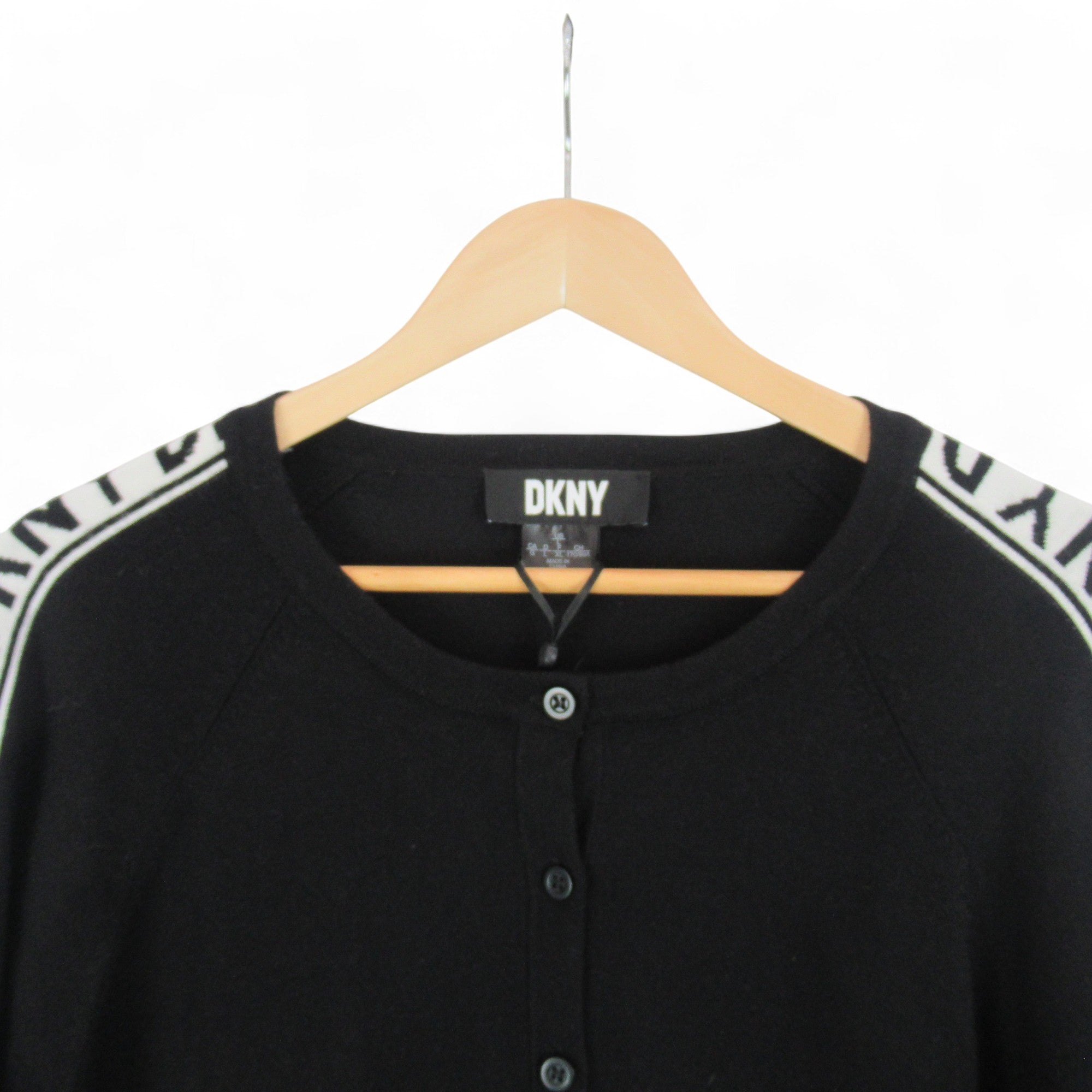 neckline image for DKNY Logo Cardigan Large Black Womenswear | Preloved 