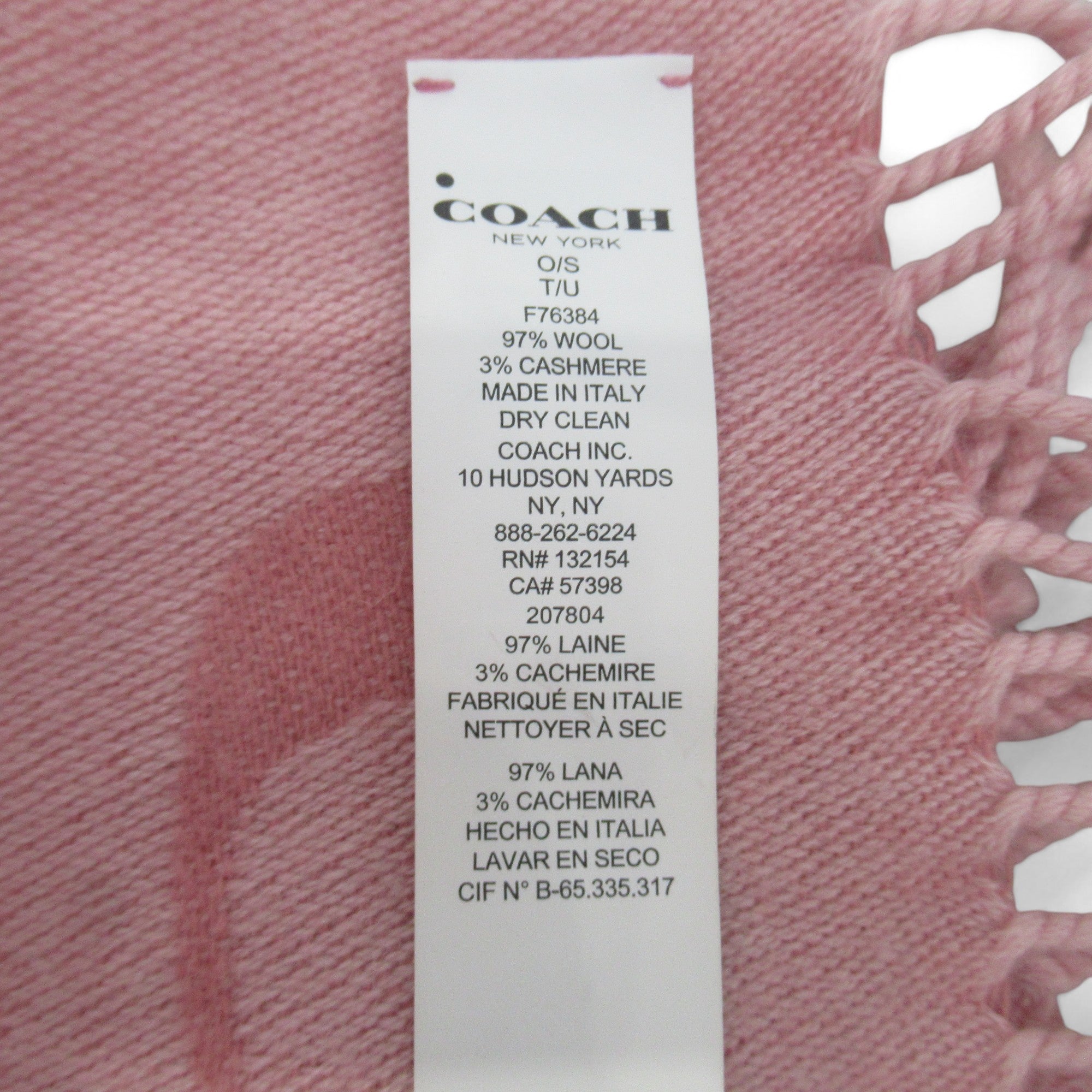 care label image for Coach Pink Scarf Wrap Wool Cashmere Womenswear | Preloved