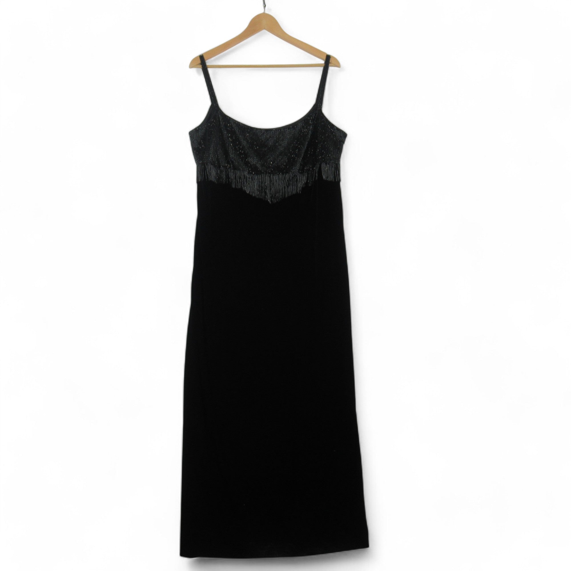 front image for Frank Usher UK 18 Black Beaded Vintage Velvet Dress Womenswear | Preloved