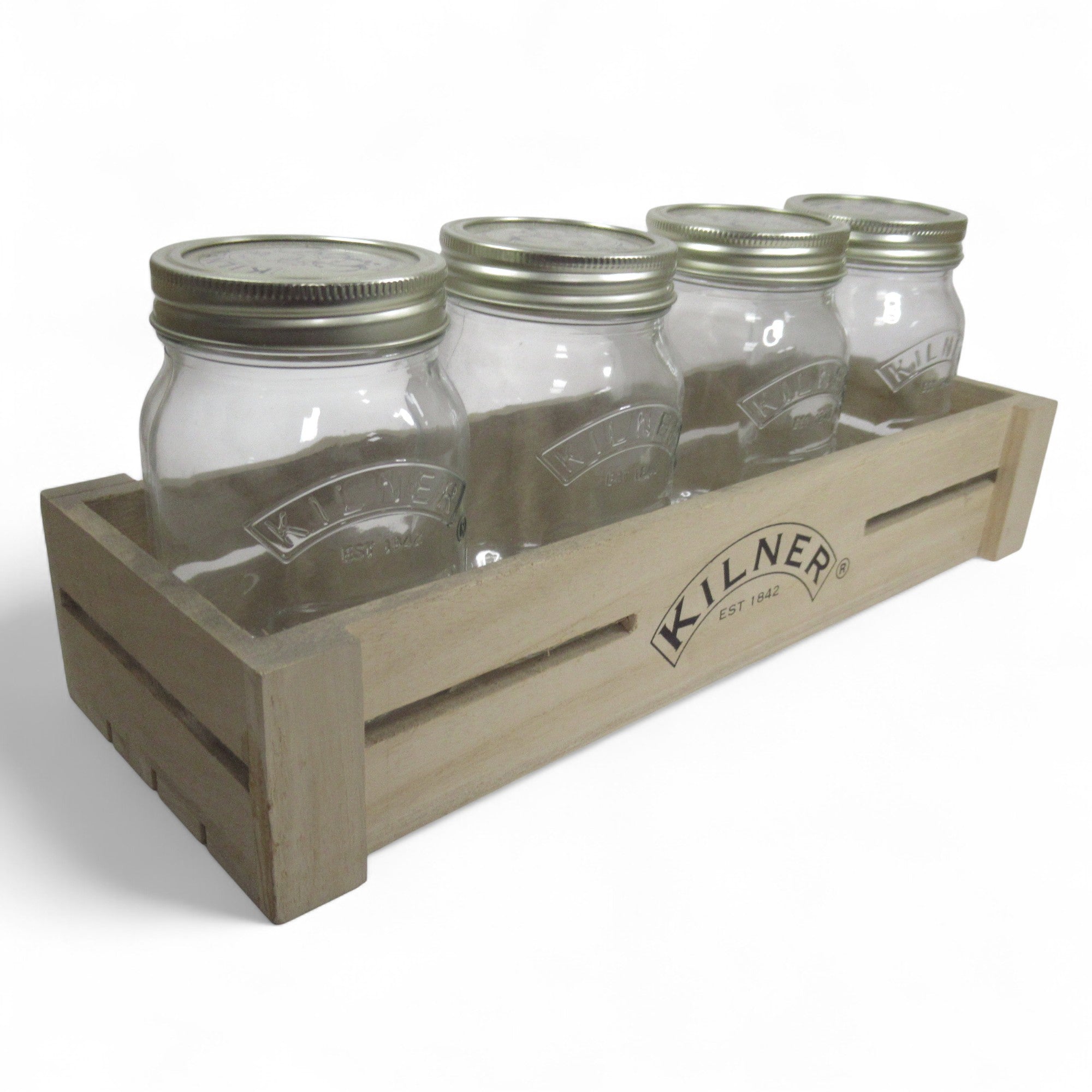 4x Kilner Clear Glass Preserve Jars with Wooden Crate | Pre-loved