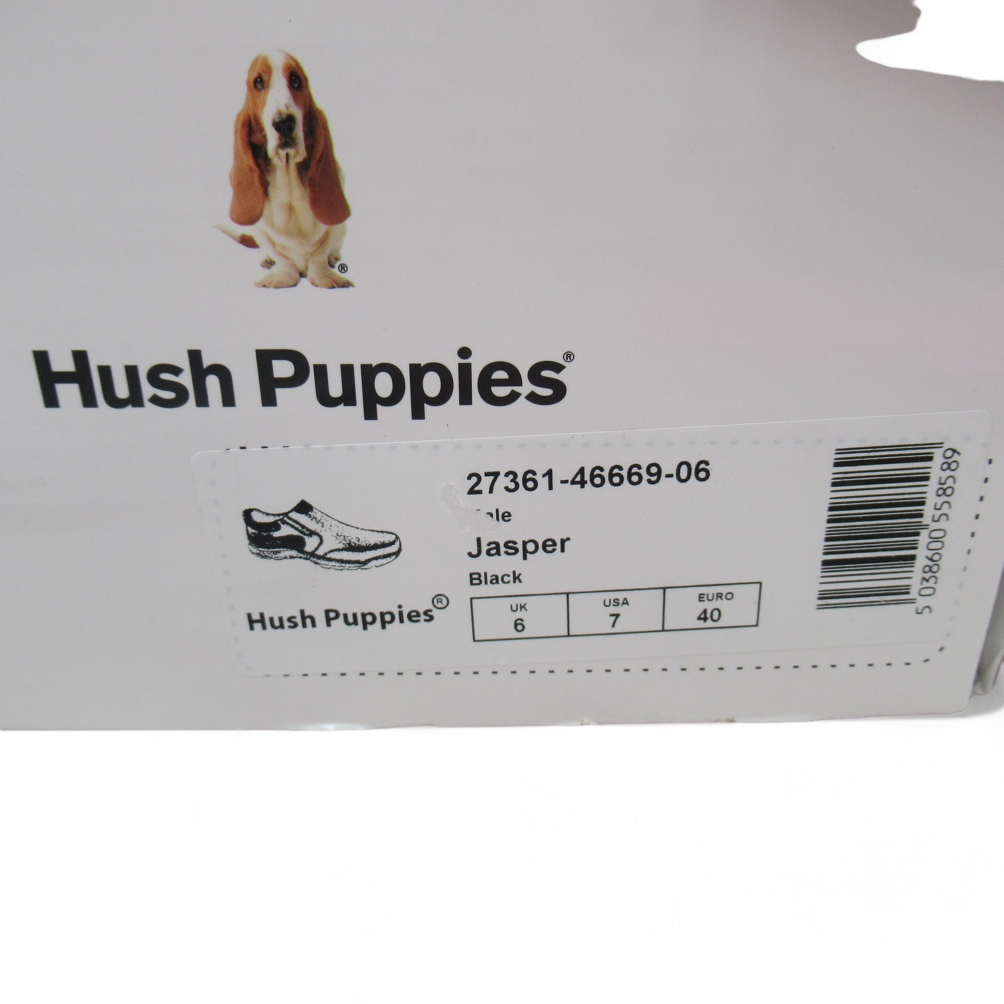 Box label for Hush Puppies UK 6 Black Leather Slip On Shoes Menswear