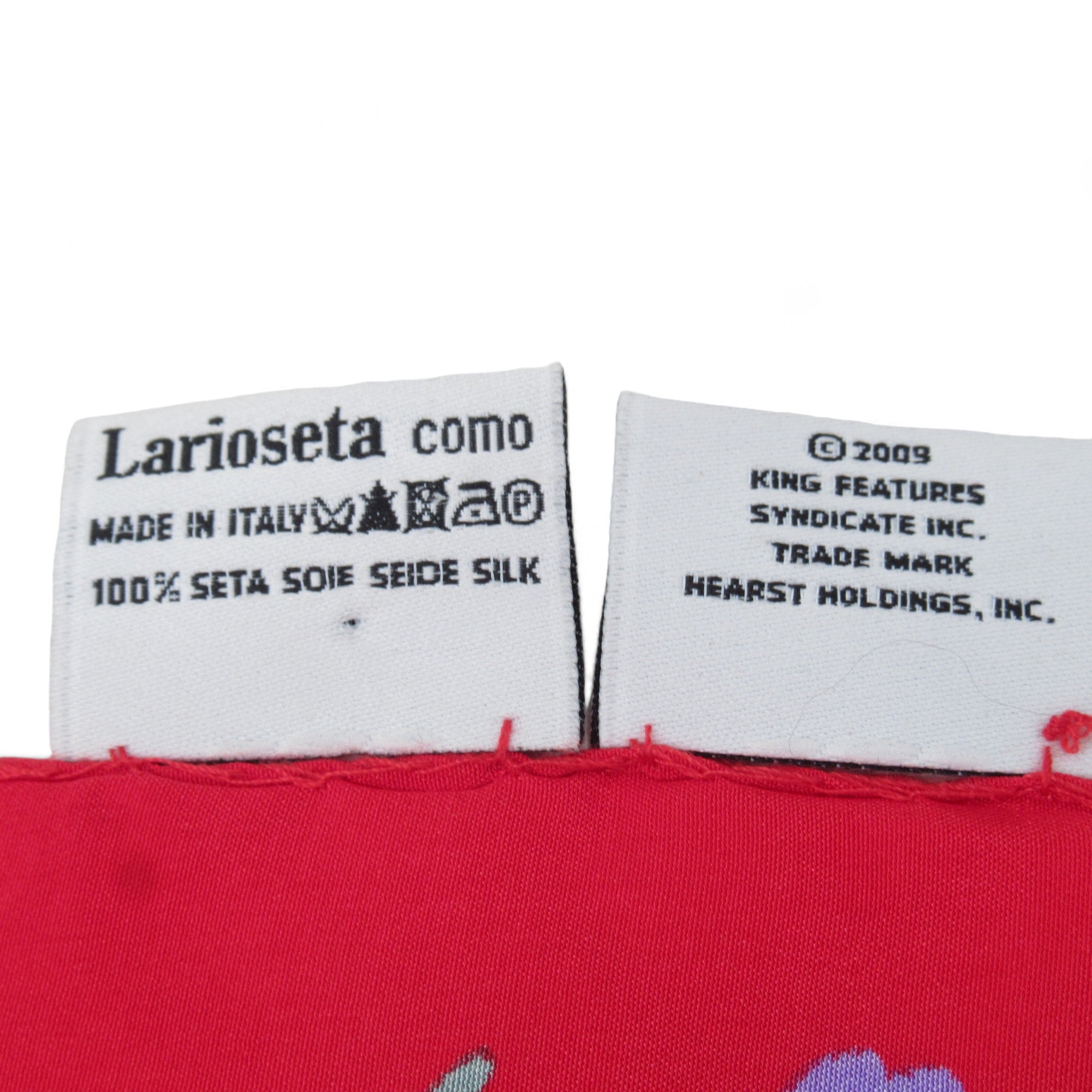 Care label for Moschino Popeye Olive Oyl Silk Scarf Womenswear | Preloved 