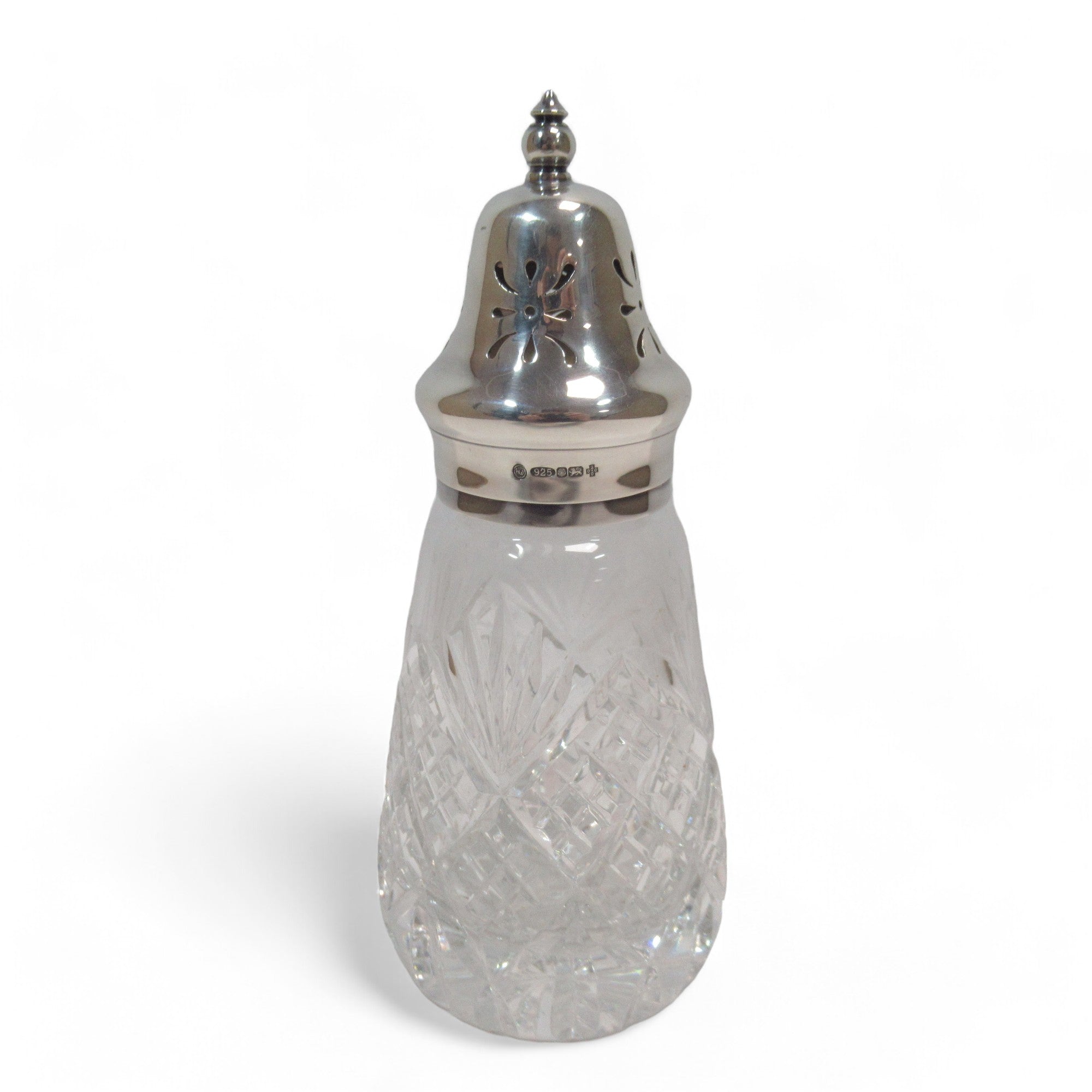 Front image of 925 Sterling Silver Cut Glass Sugar Caster Vintage