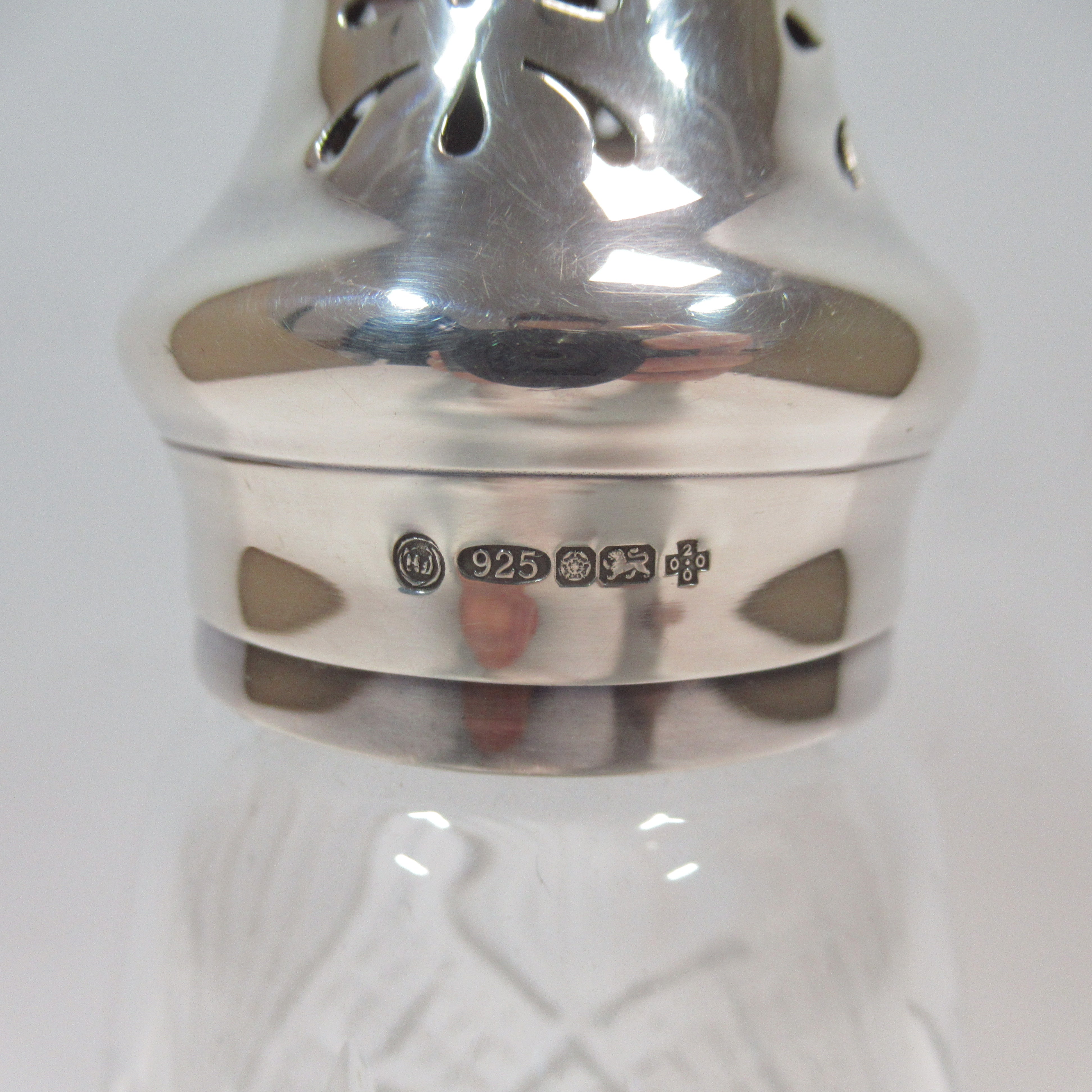 Close up hallmark image of 925 Sterling Silver Cut Glass Sugar Caster Vintage