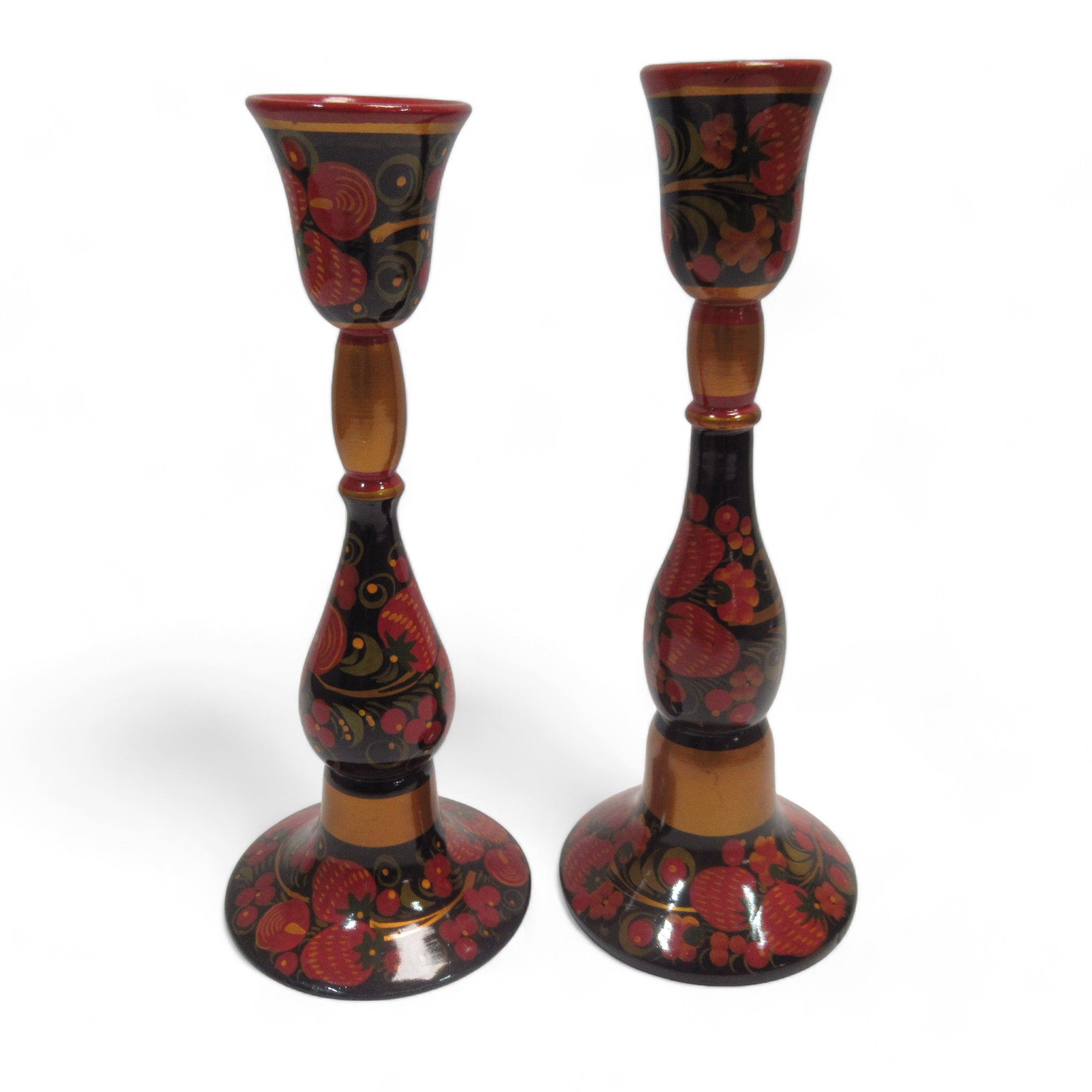 Front image of Khokhloma Wooden Candle Holder Painted Set