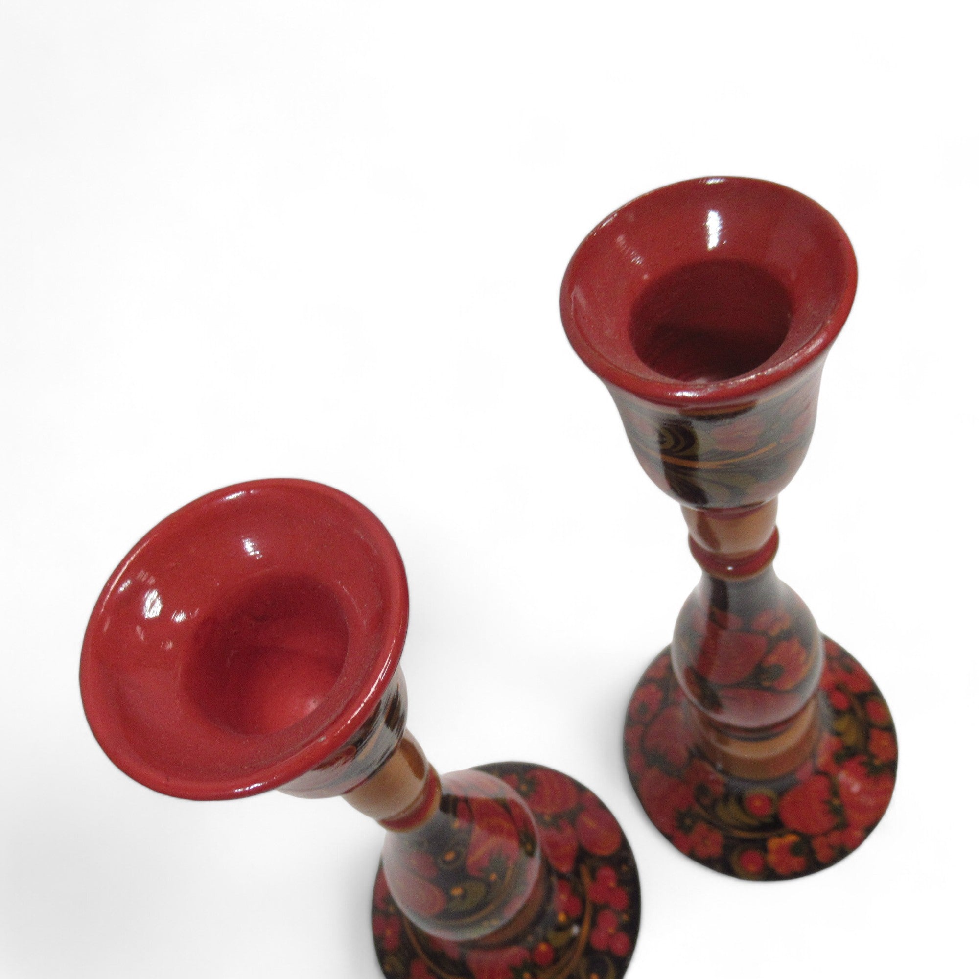 Top image of Khokhloma Wooden Candle Holder Painted Set