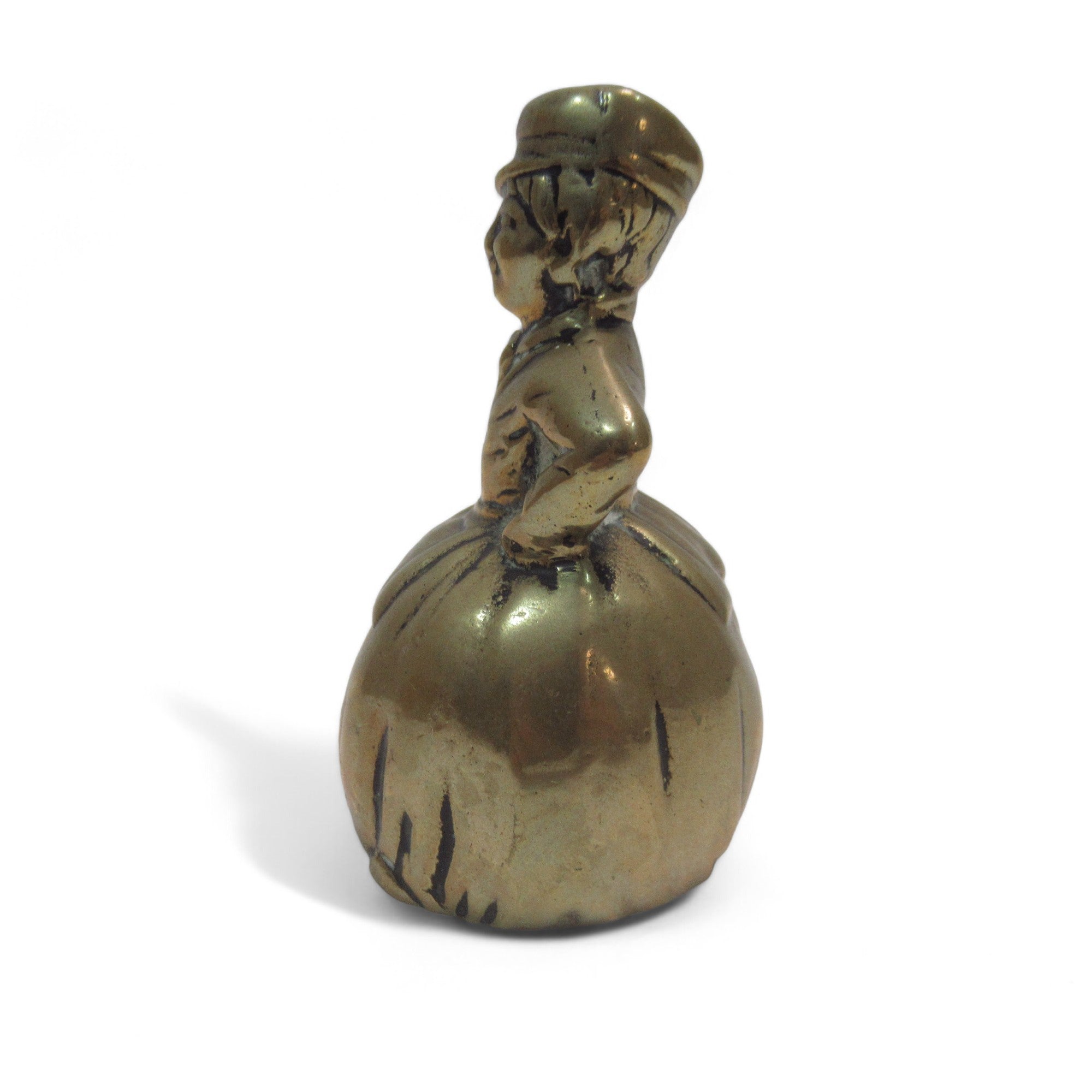 Left side image of Miniature Brass Bell Woman Shape Vintage