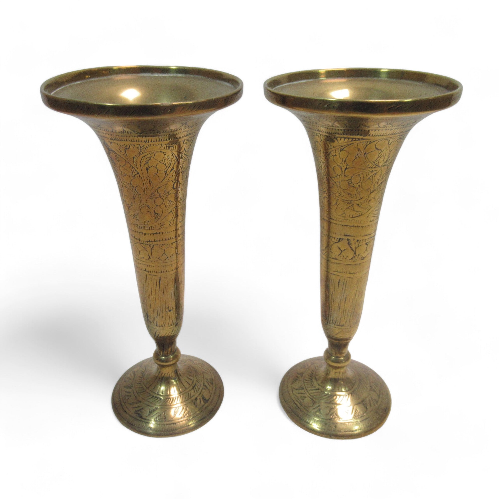 Front image of Brass Engraved Trumpet Vase Set Vintage