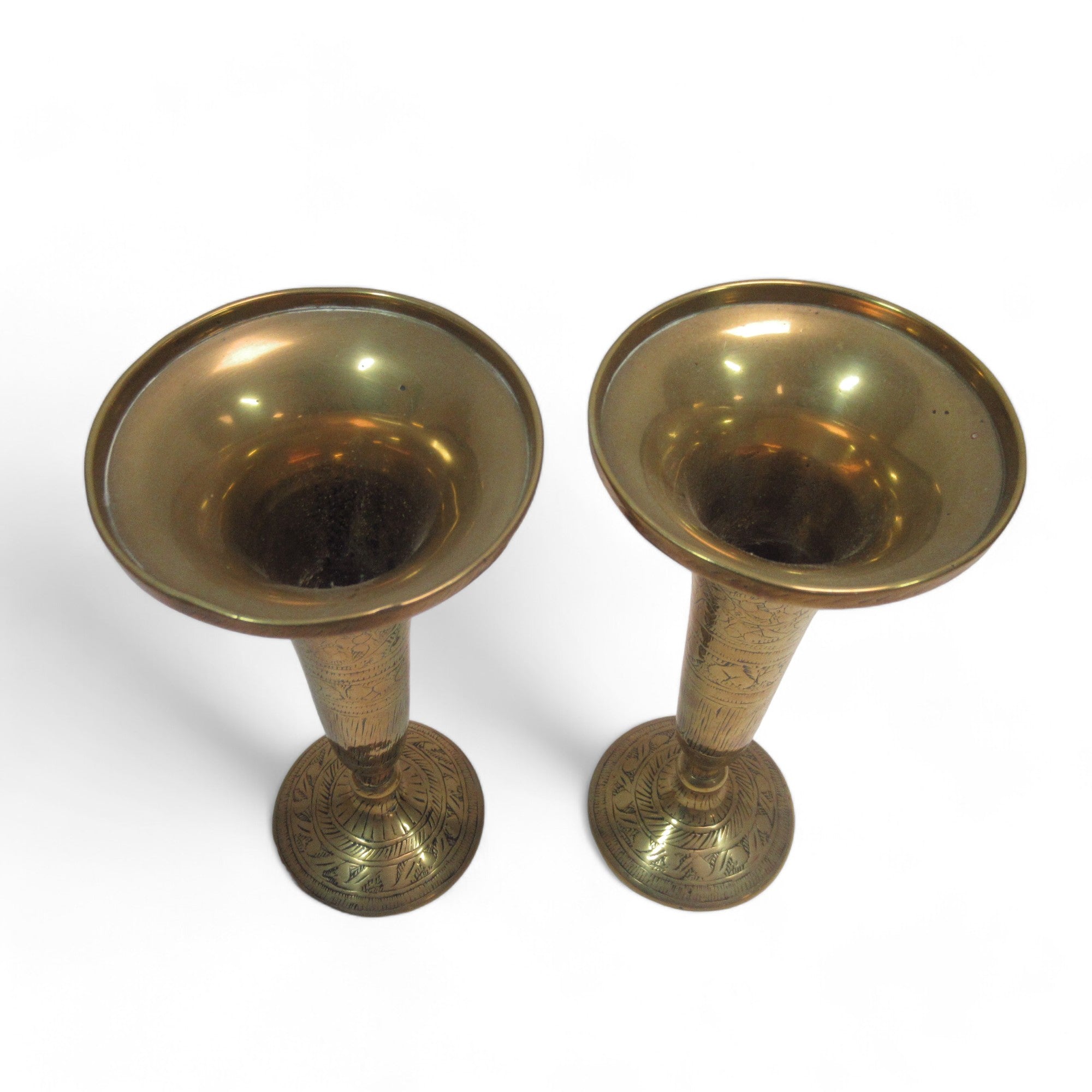 Top image of Brass Engraved Trumpet Vase Set Vintage