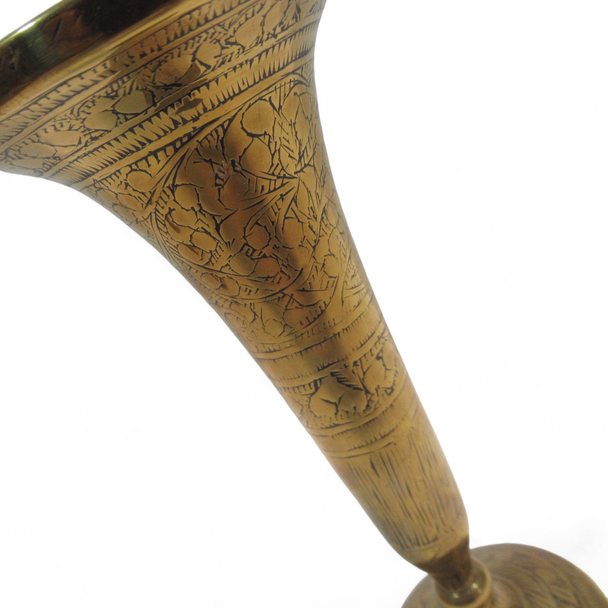 Close up centre of Brass Engraved Trumpet Vase Set Vintage