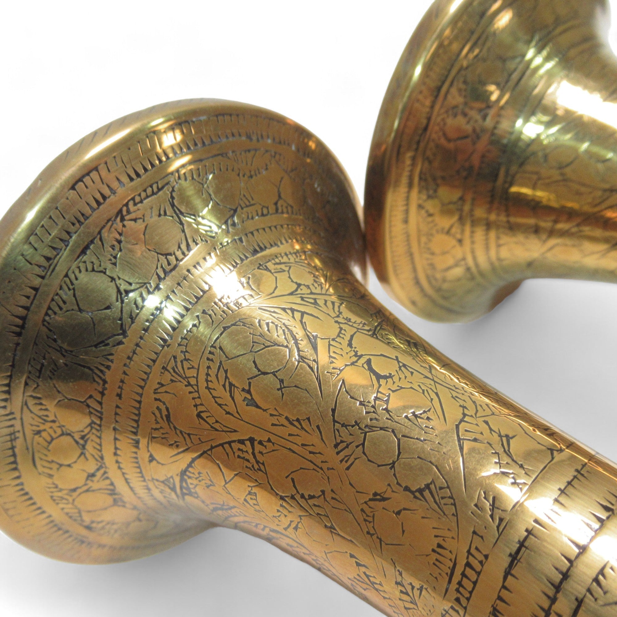 Close up etching of Brass Engraved Trumpet Vase Set Vintage