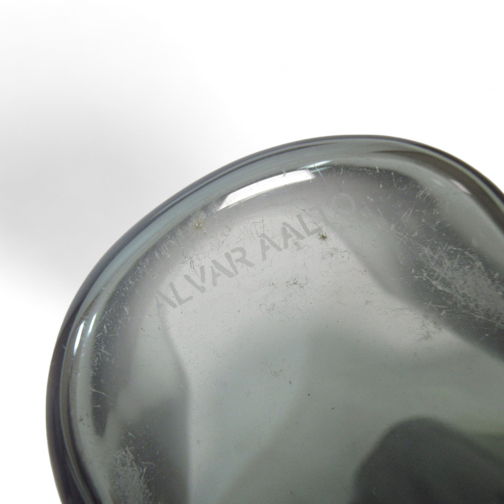 Close up image of Alvar Aalto Art Glass Vase Grey Finland 16cm Tall