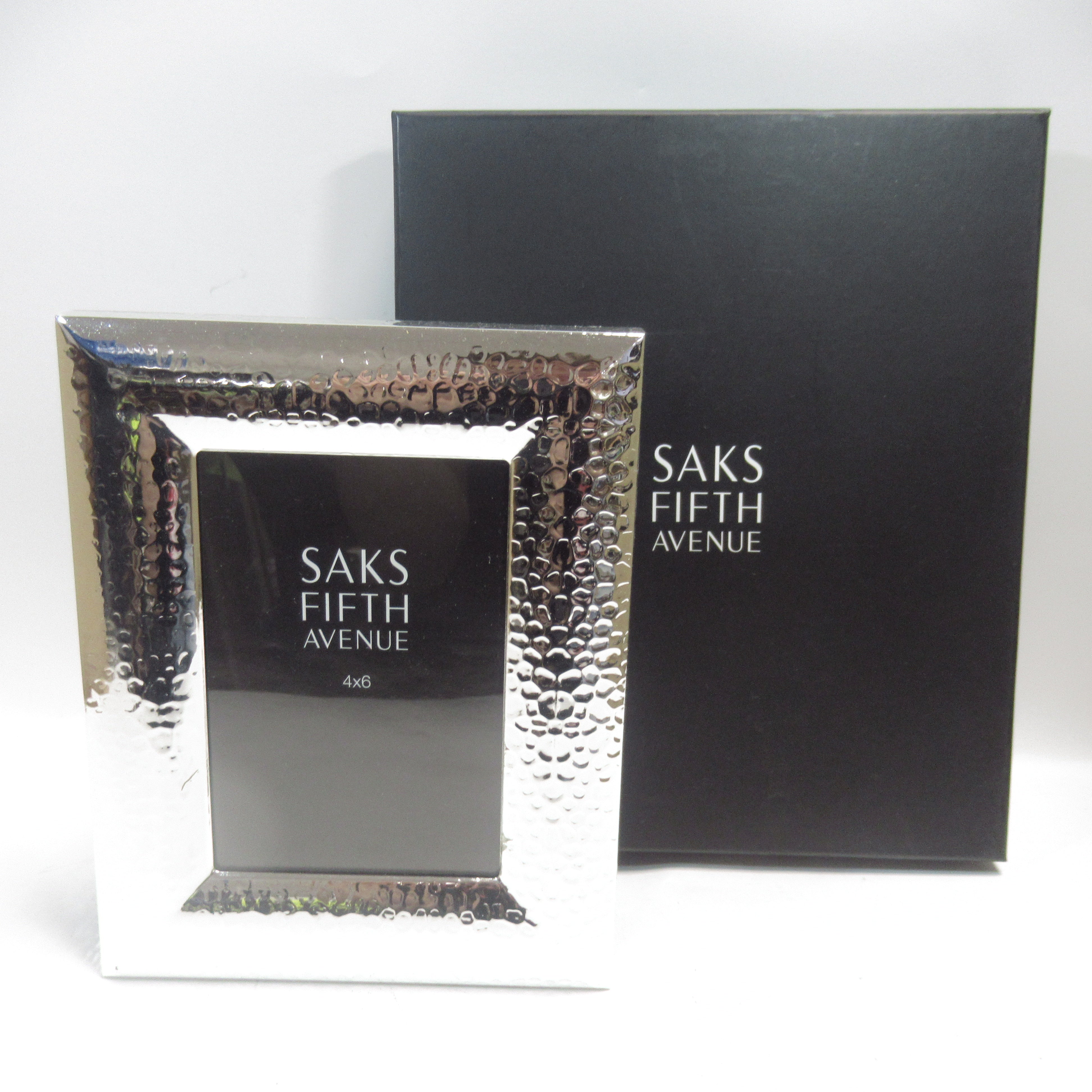 Front with box image of Saks Fifth Avenue Silver Metal Hammered 4x6" Photo Frame 