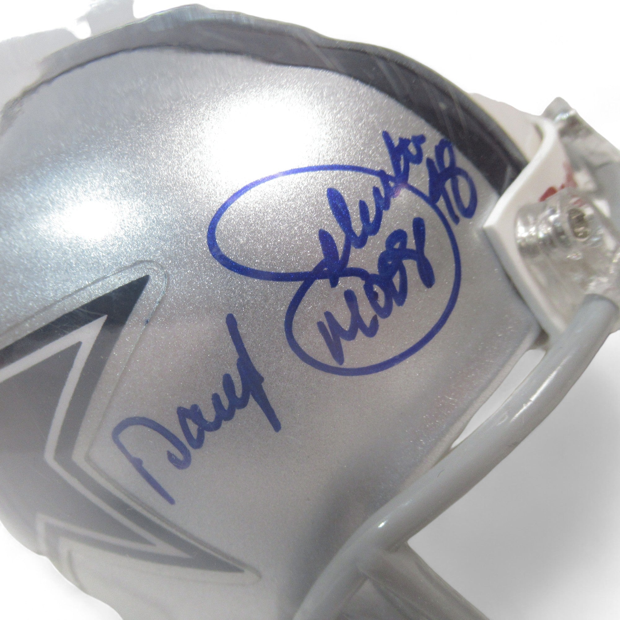 Close up signature of Daryl Johnston Signed Dallas Cowboys Replica NFL Helmet