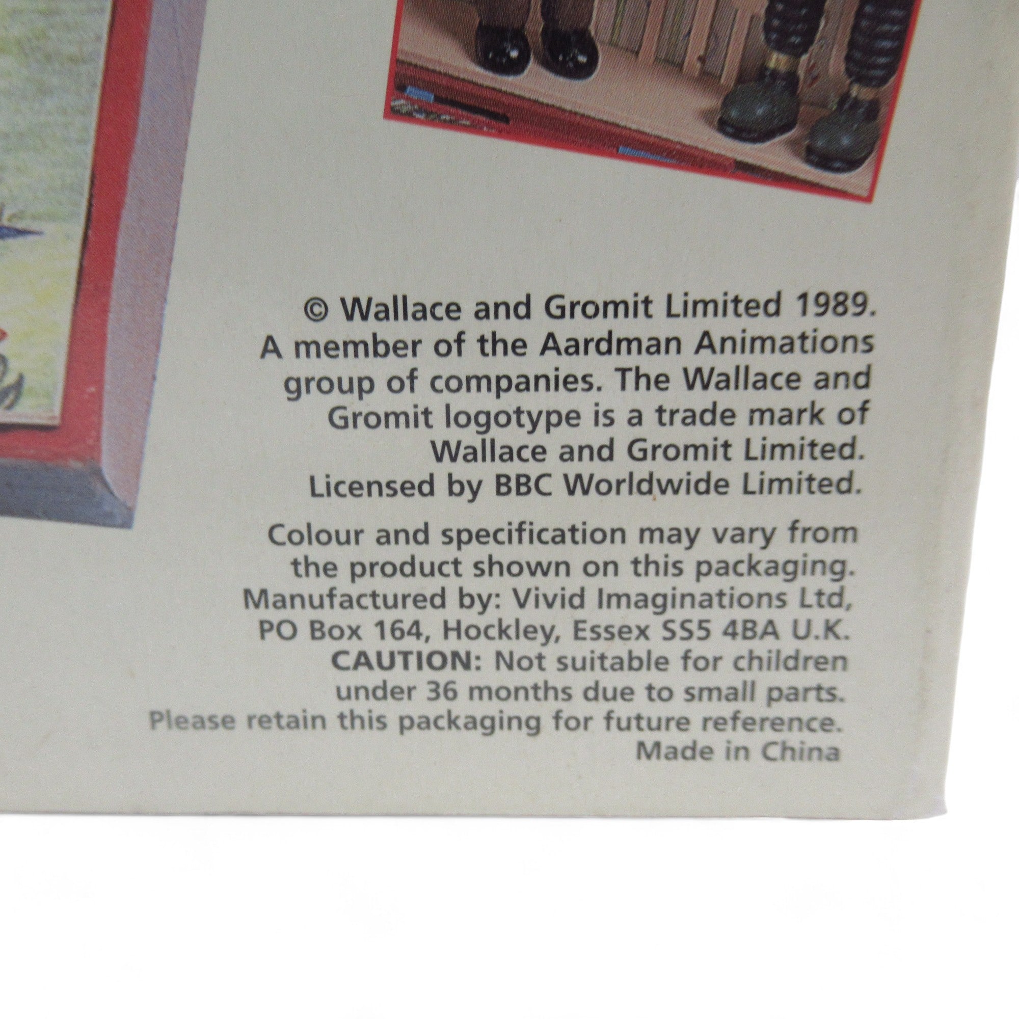 Close up box text of Wallace & Gromit West Wallaby Street Playhouse 1989