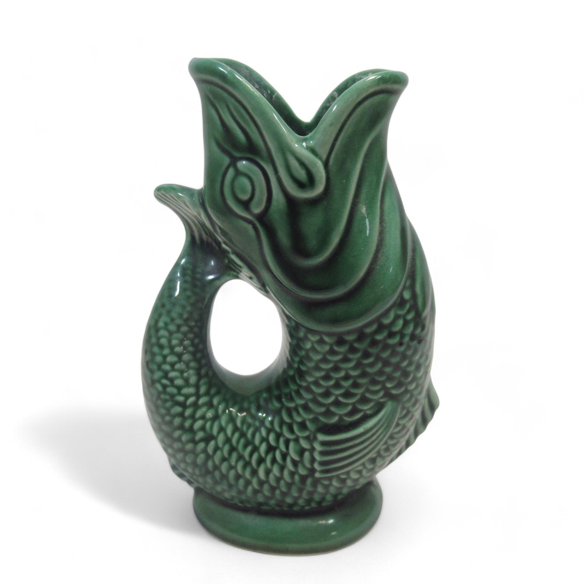 Rear image of Dartmouth Gurgle Glug Fish Green Jug/Vase 7" Ceramic