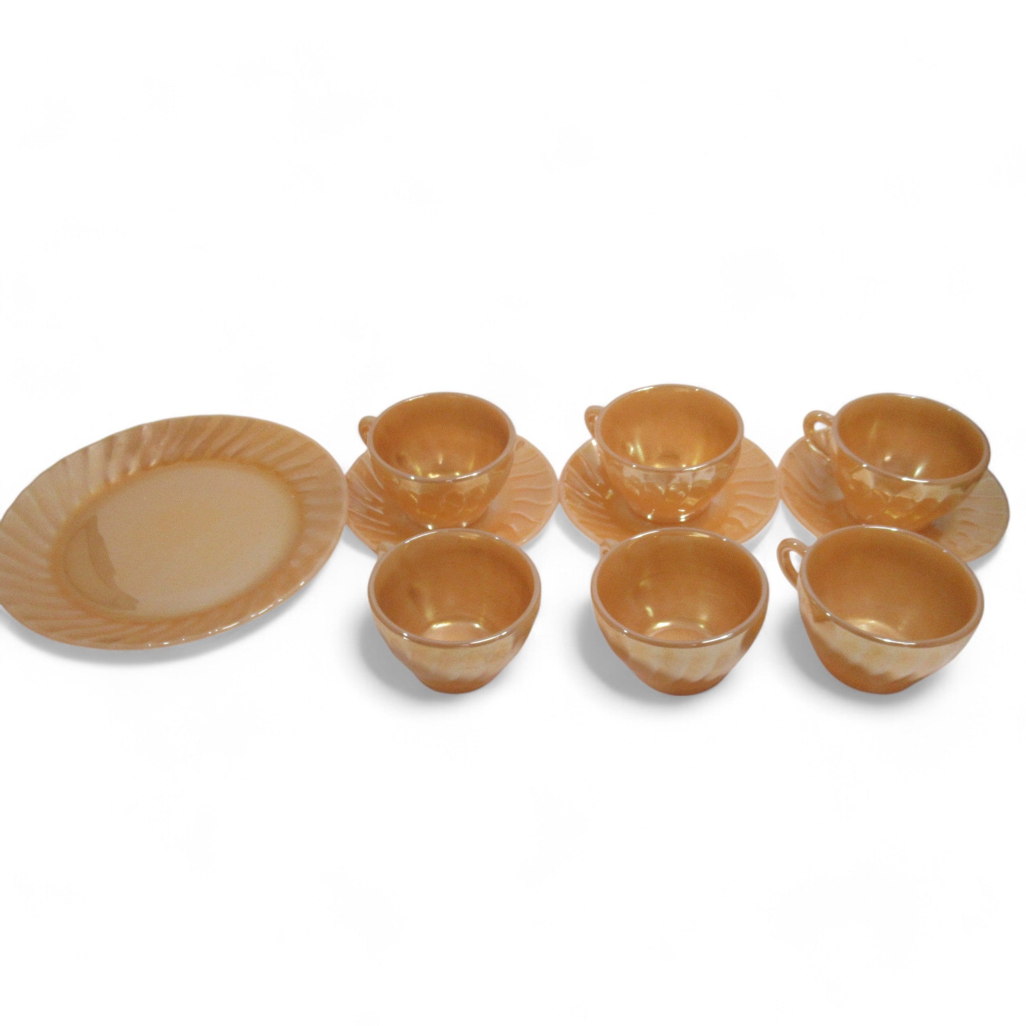 Overview image of Crisa Peach Lustre Glass Tea Set Mexico 10-Piece Vintage