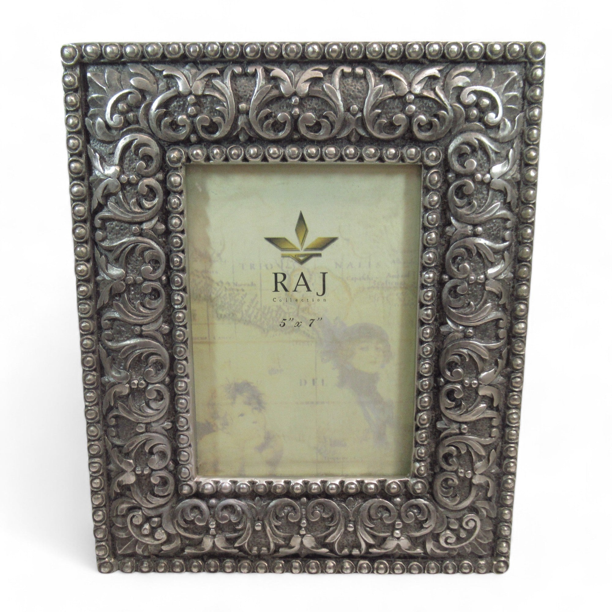 Front image of RAJ Collection Metal 7x5" Photo Picture Frame w/ Stand