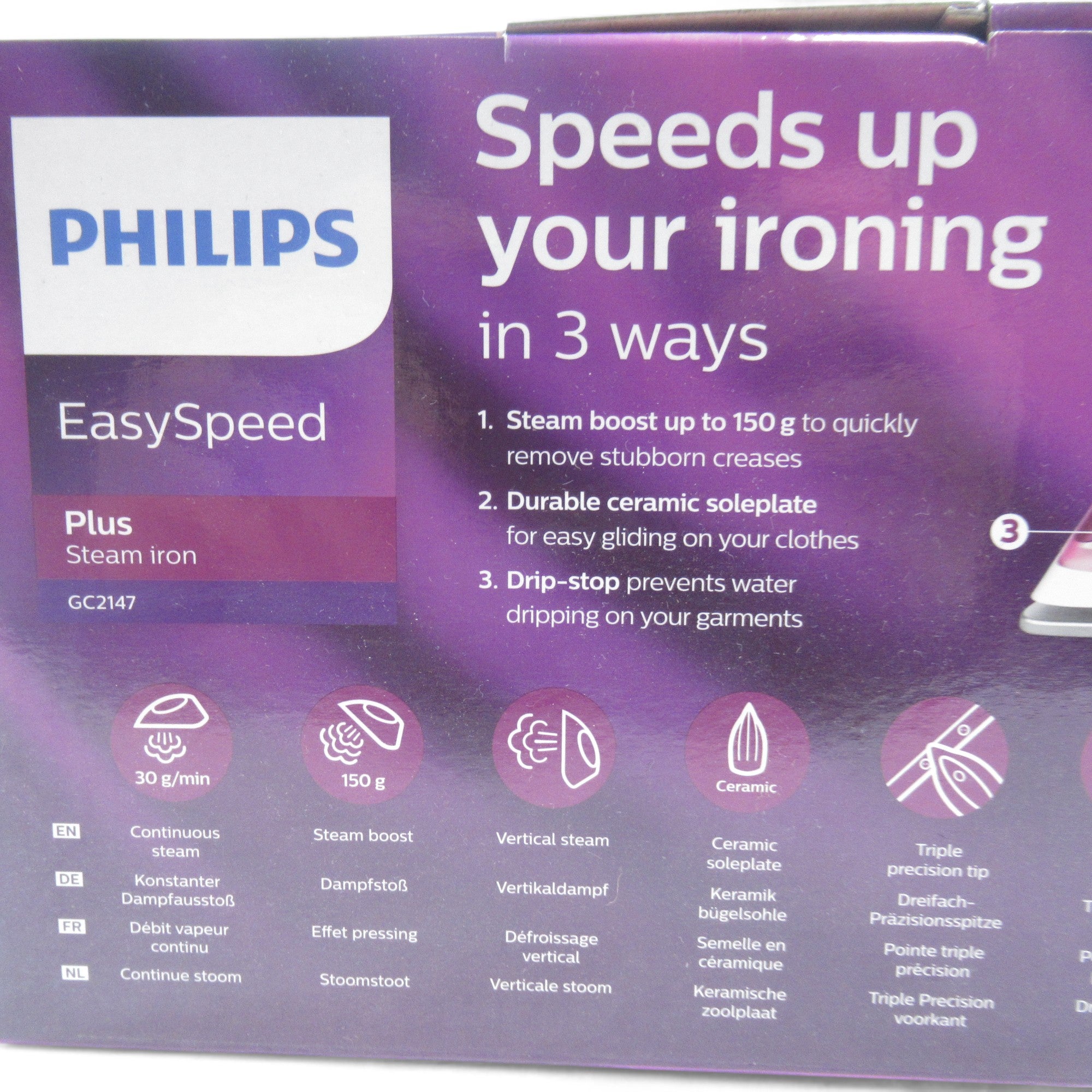 Close up box text image of Philips EasySpeed Plus Steam Iron GC2147 Pink Boxed