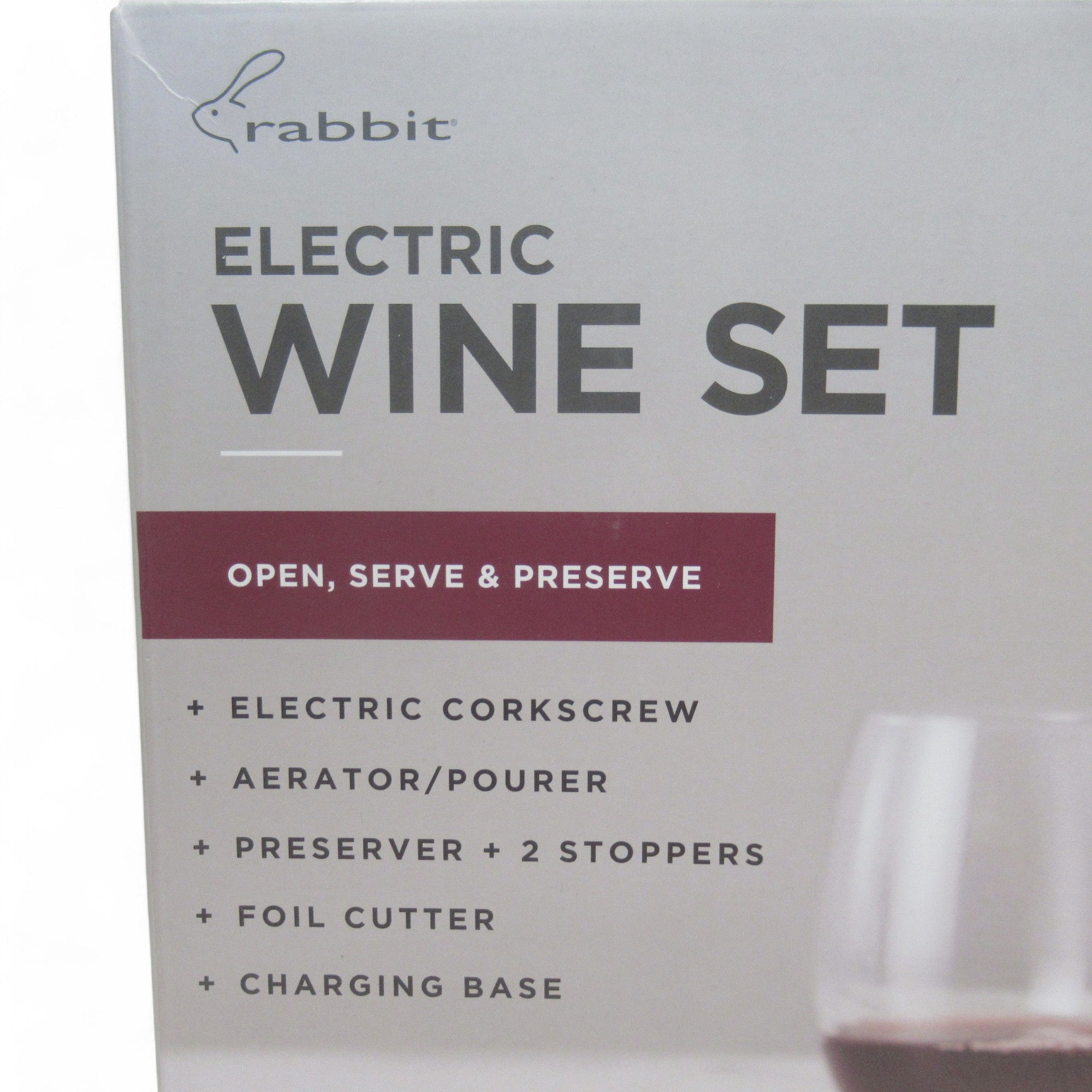 Close up text image of Rabbit Electric Wine Set Open Serve & Preserve Boxed