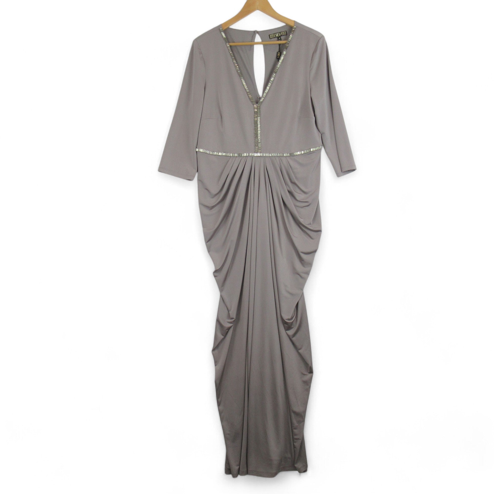 front image for Biba UK 18 Grey Drape Dress V Neck Long Womenswear | Preloved