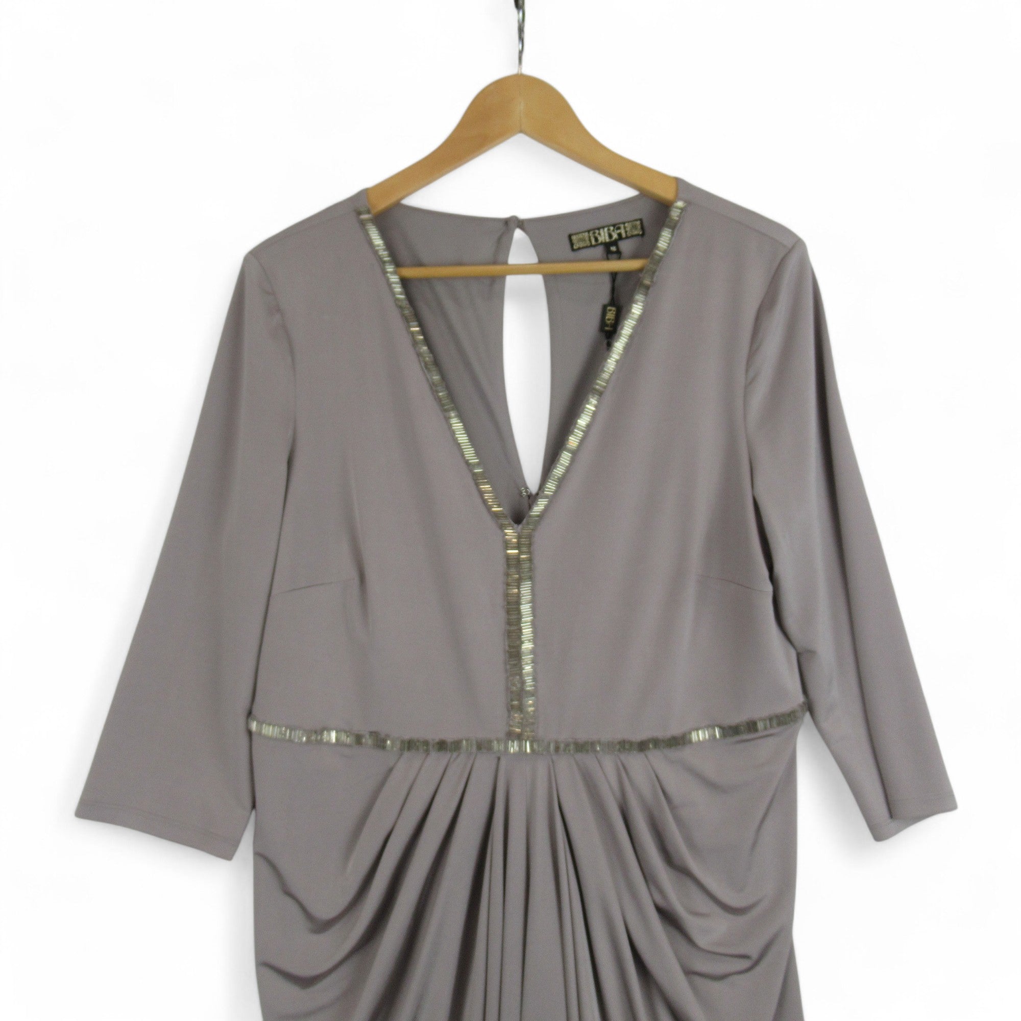 top image for Biba UK 18 Grey Drape Dress V Neck Long Womenswear | Preloved