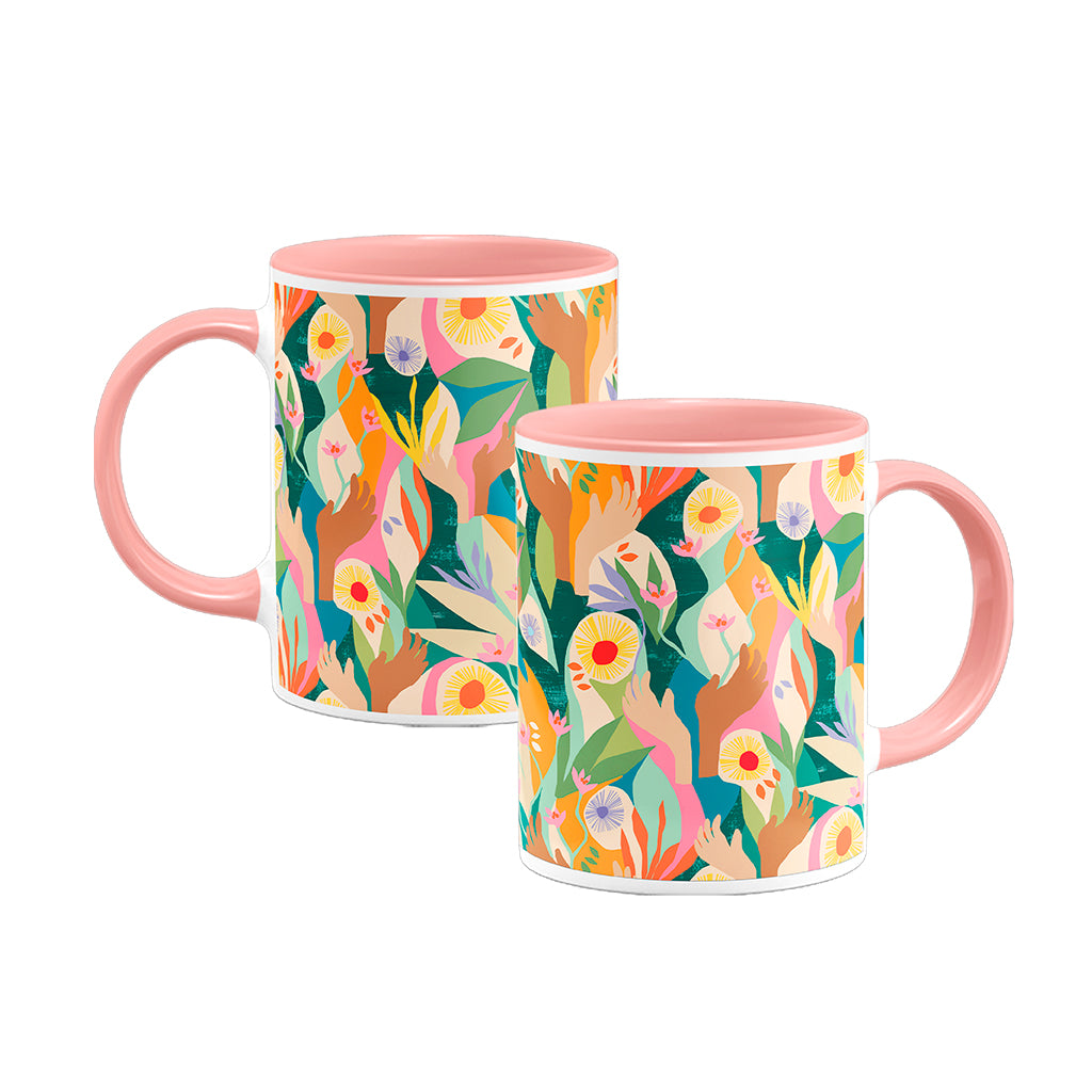 Front & back image of exclusive pink Unity mug designed by artist Lily Windsor Walker on white background