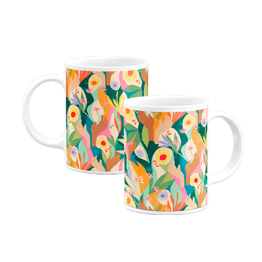 Front & back image of an exclusive Unity mug designed by artist Lily Windsor Walker on white background