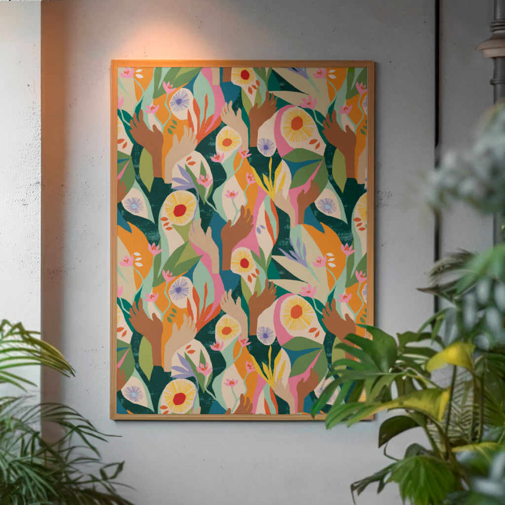 Exclusive A4 Art Print designed by artist Lily Windsor Walker Image displayed on a wall around plants