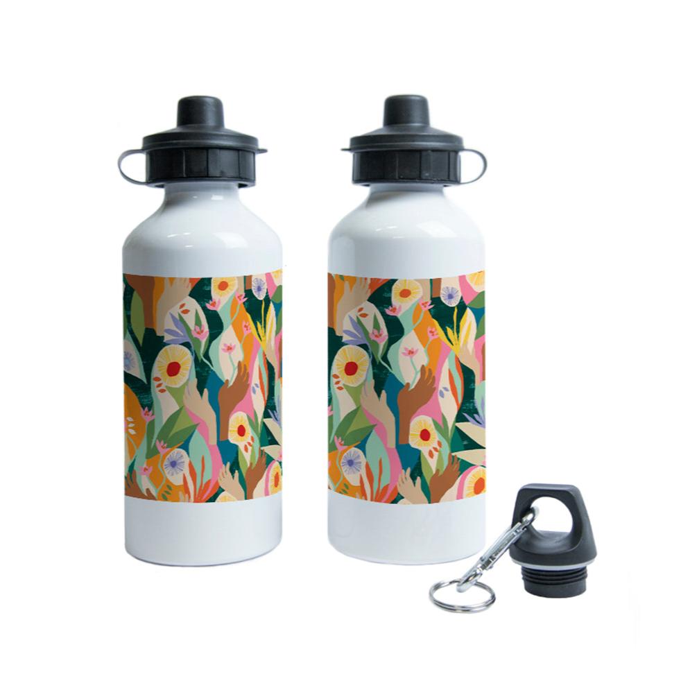 Front and back image of Exclusive Unity water bottle designed by artist Lily Windsor Walker with sport and travel cap