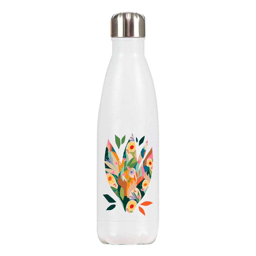 Front image of Exclusive Unity premium water bottle designed by artist Lily Windsor Walker on white background