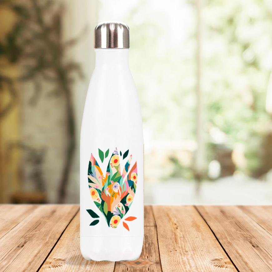 Front image of Exclusive Unity premium water bottle designed by artist Lily Windsor Walker on a wooden table