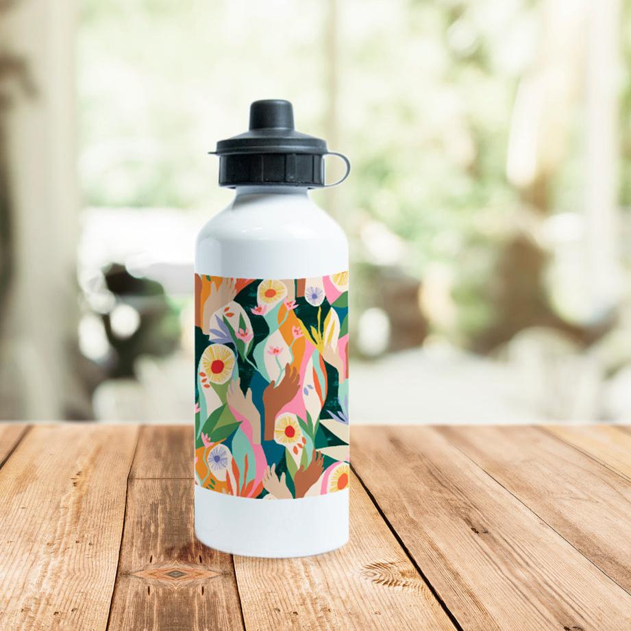 Front image of Exclusive Unity water bottle designed by artist Lily Windsor Walker on wooden table