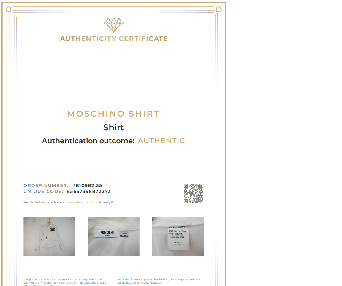 Authentication certificate for Moschino Jeans UK 12 White Shirt Womenswear Authenticated | Preloved 