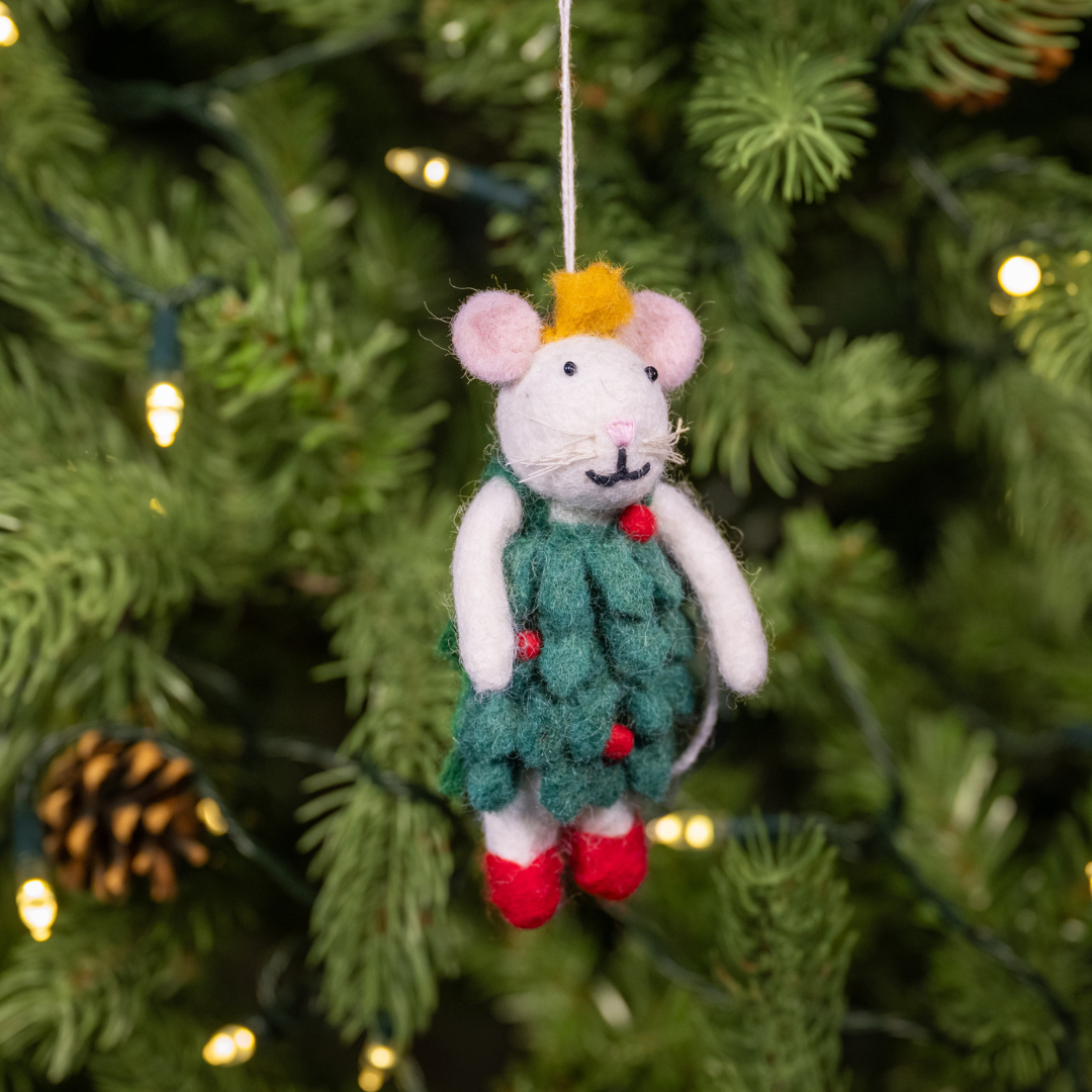 Christmas Mouse in Holly Dress | Handmade Felt Christmas Decoration