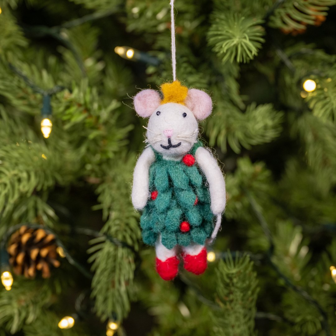 Christmas Mouse in Holly Dress | Handmade Felt Christmas Decoration