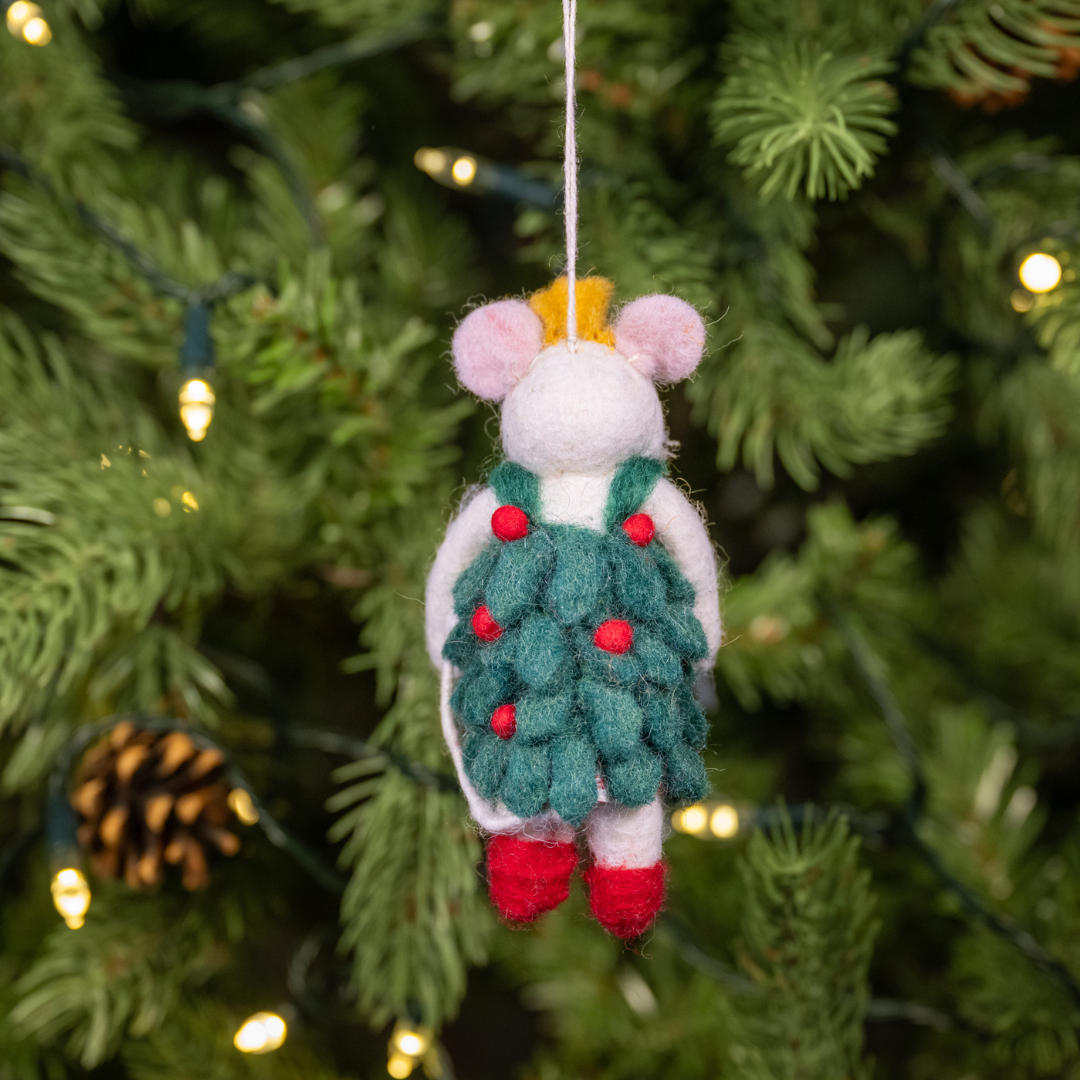 Christmas Mouse in Holly Dress | Handmade Felt Christmas Decoration