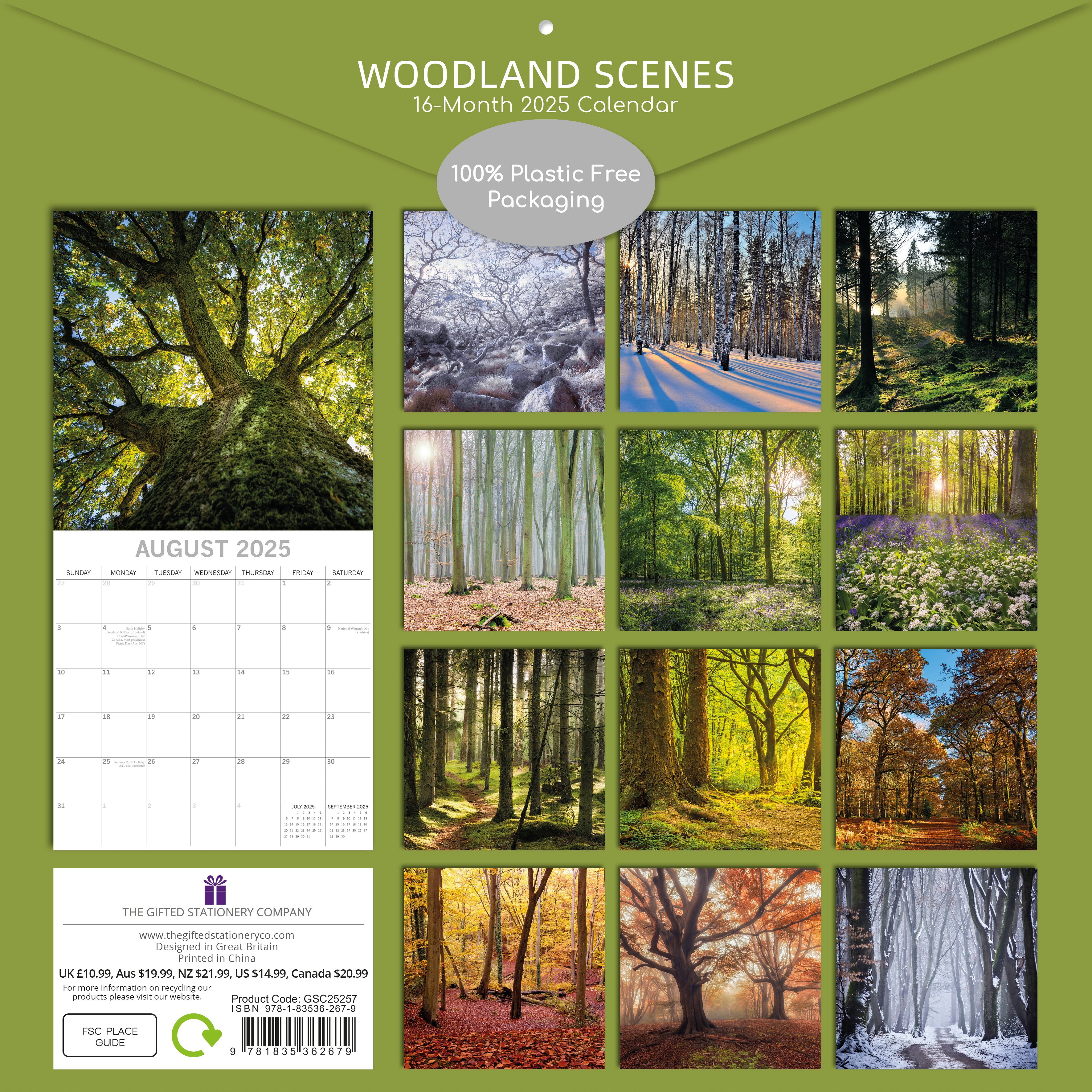 Rear image of Woodland scenes 2025 square wall calendar showing 12 designs