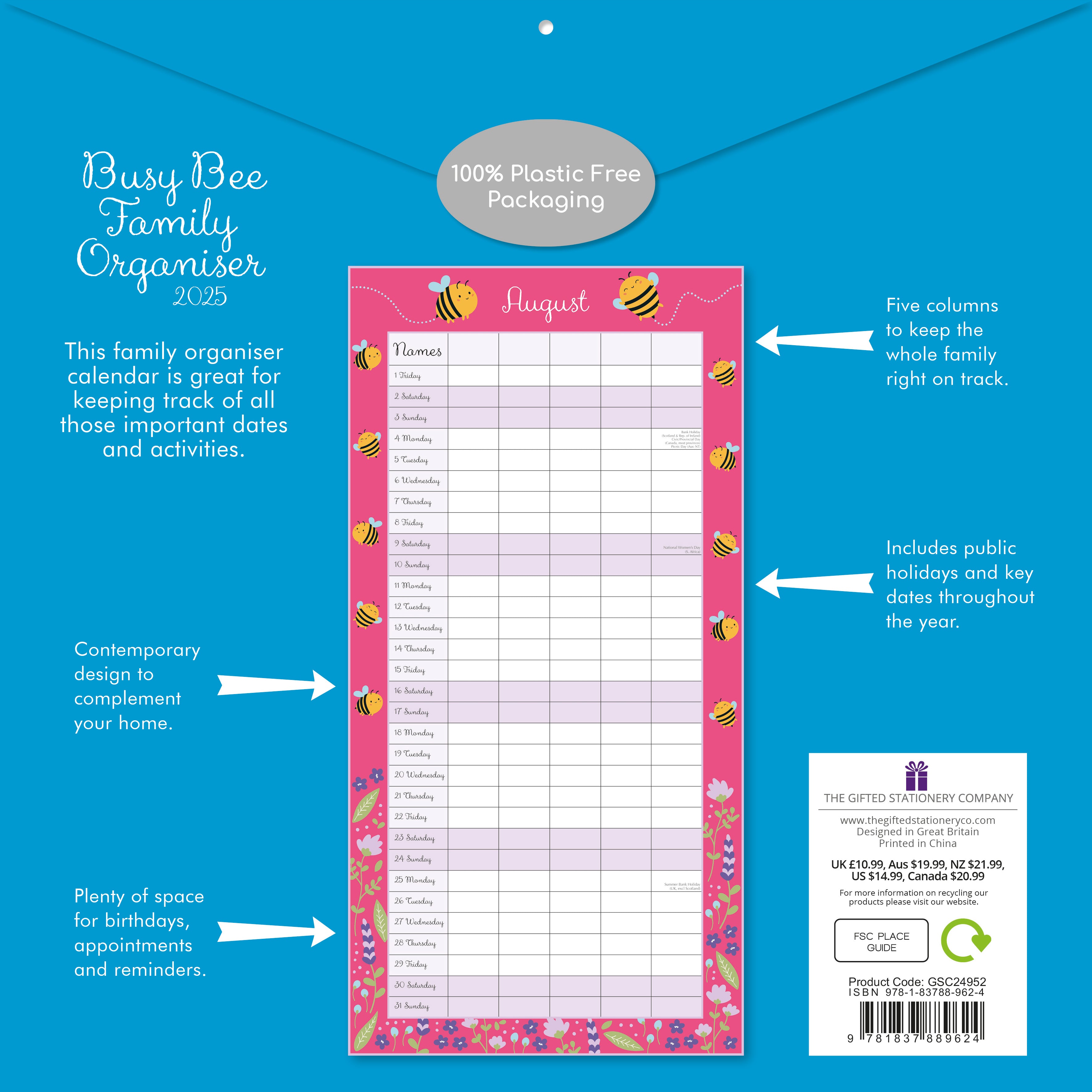 Busy bee family organiser 2025 square wall calendar